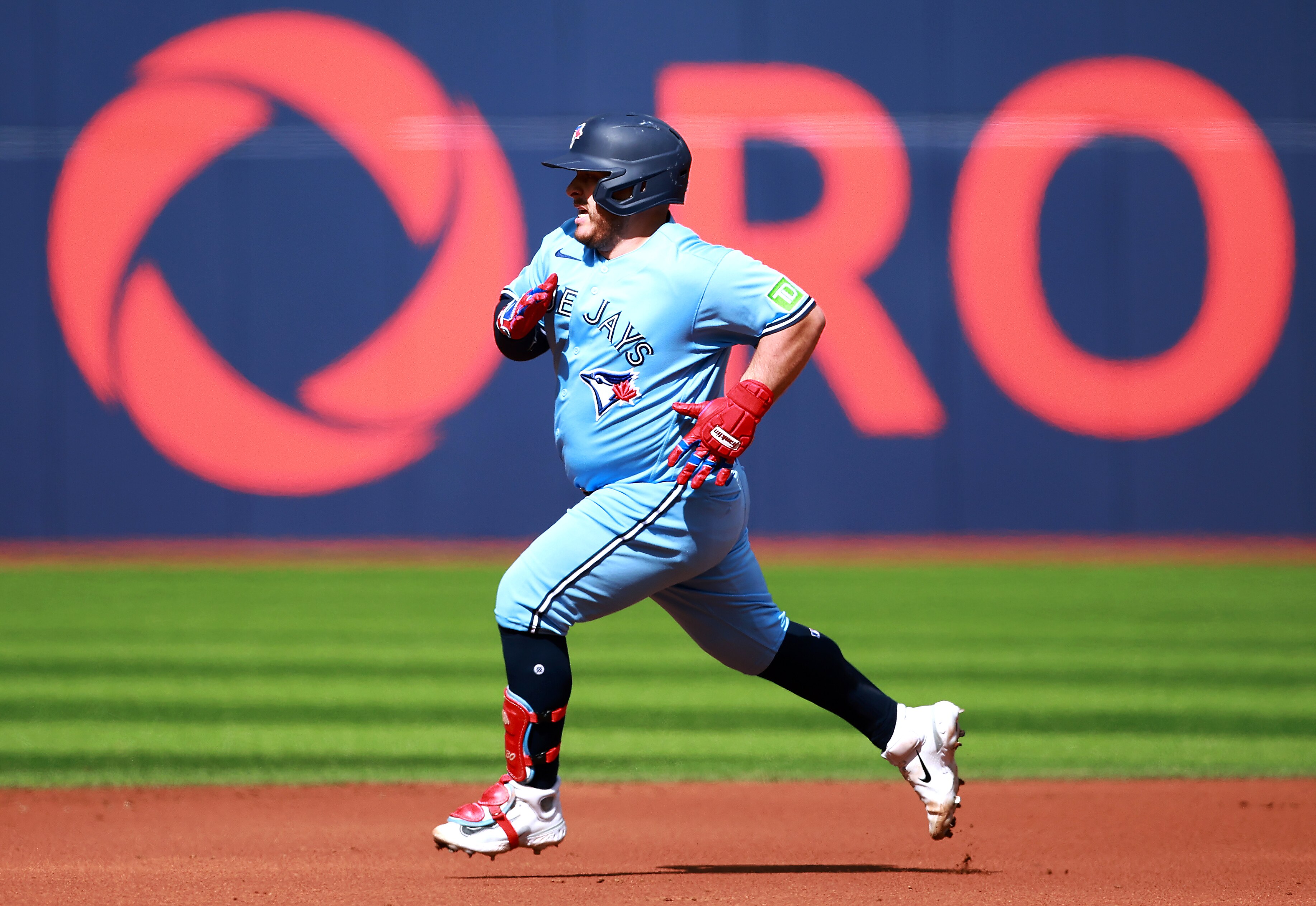 TORONTO, ON - AUGUST 30:  Alejandro Kirk #30 of the Toronto Blue Jays hits a two-RBI double in the first inning against the Washington Nationals at Rogers Centre on August 30, 2023 in Toronto, Ontario, Canada.  (Photo by Vaughn Ridley/Getty Images)