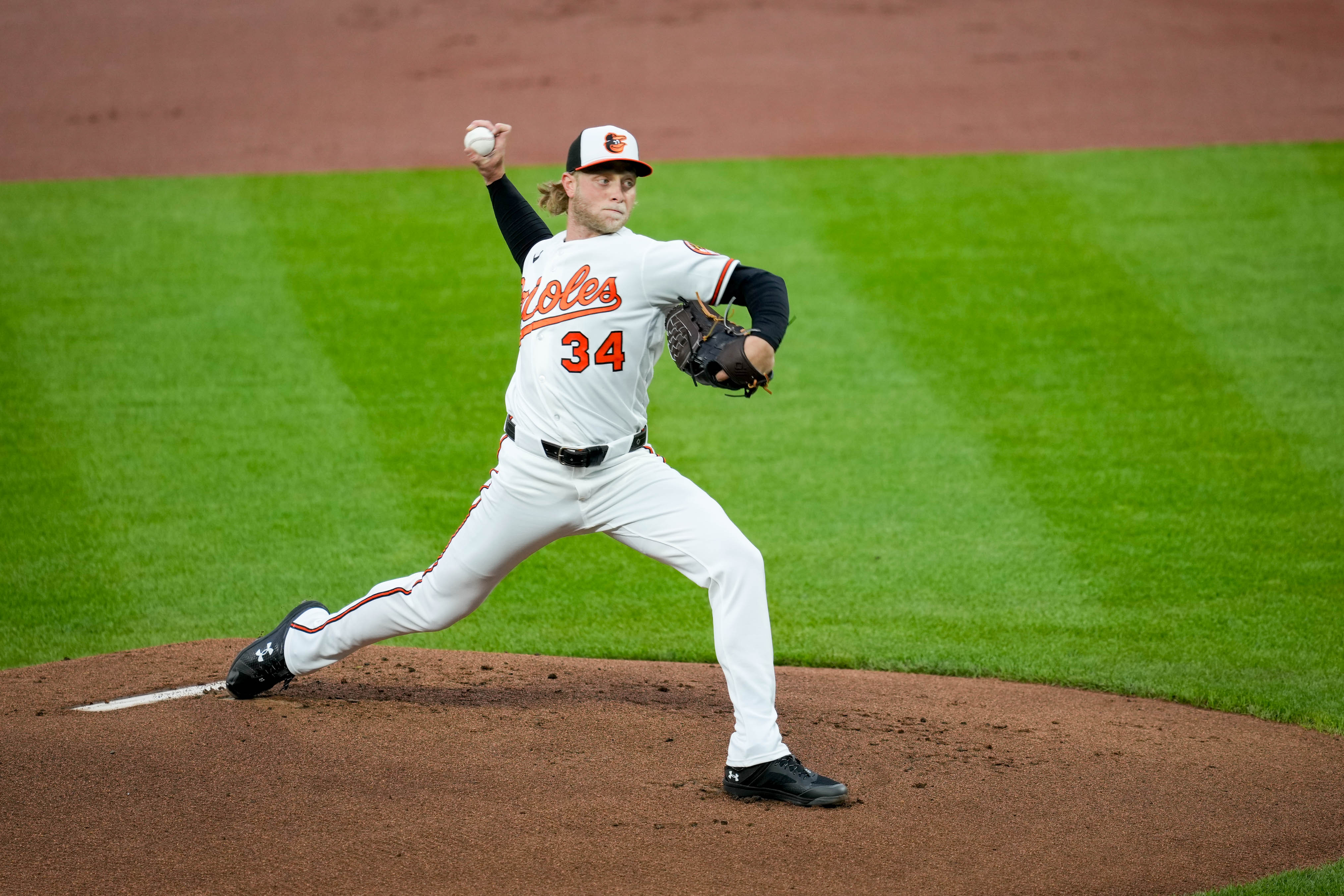 Baltimore Orioles pitcher Shane Baz (34) delivers a pitch in the first inning of Tuesday's game.