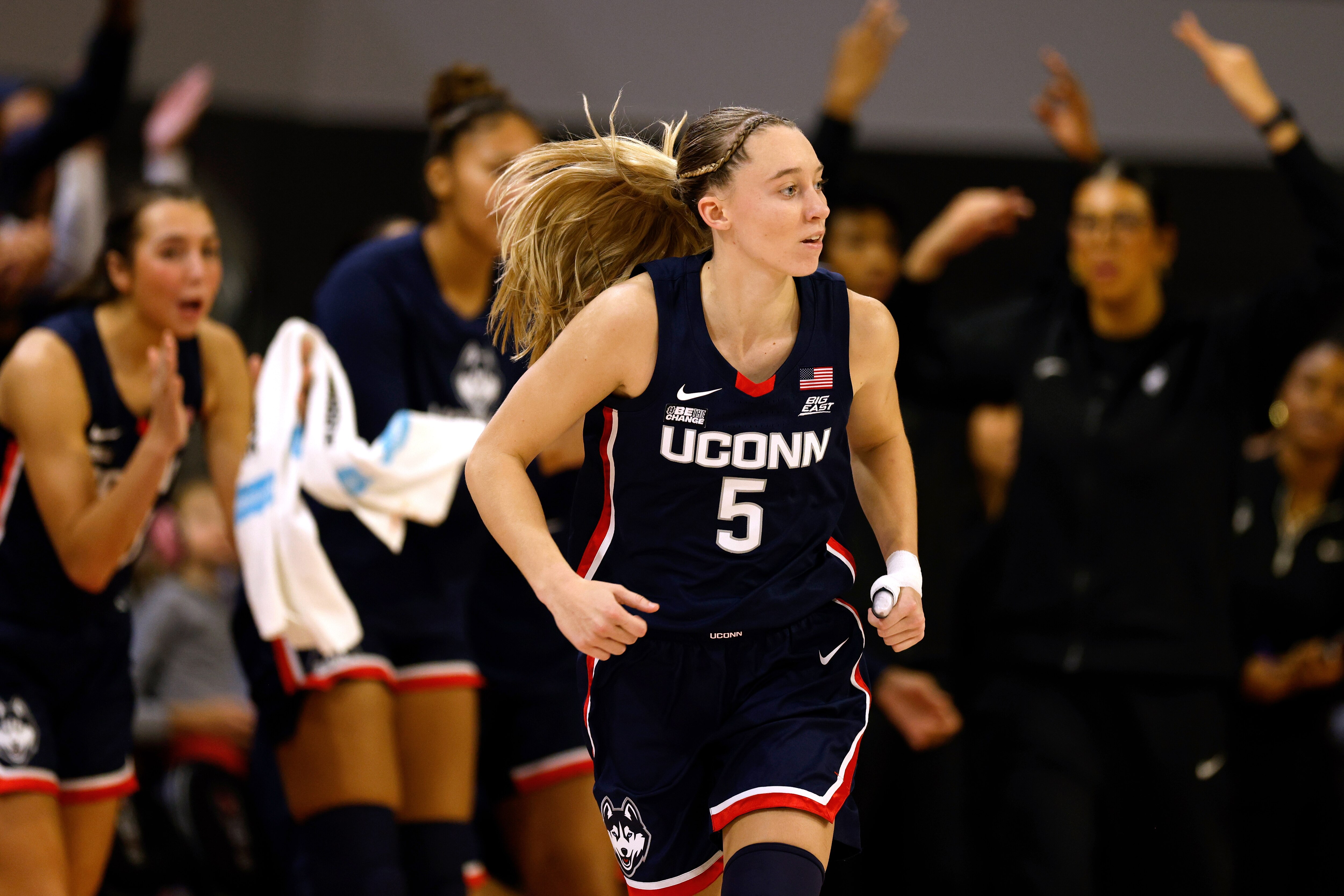 Paige Bueckers of UConn, pictured in a game against NC State, led the Huskies over Maryland on Thursday night.