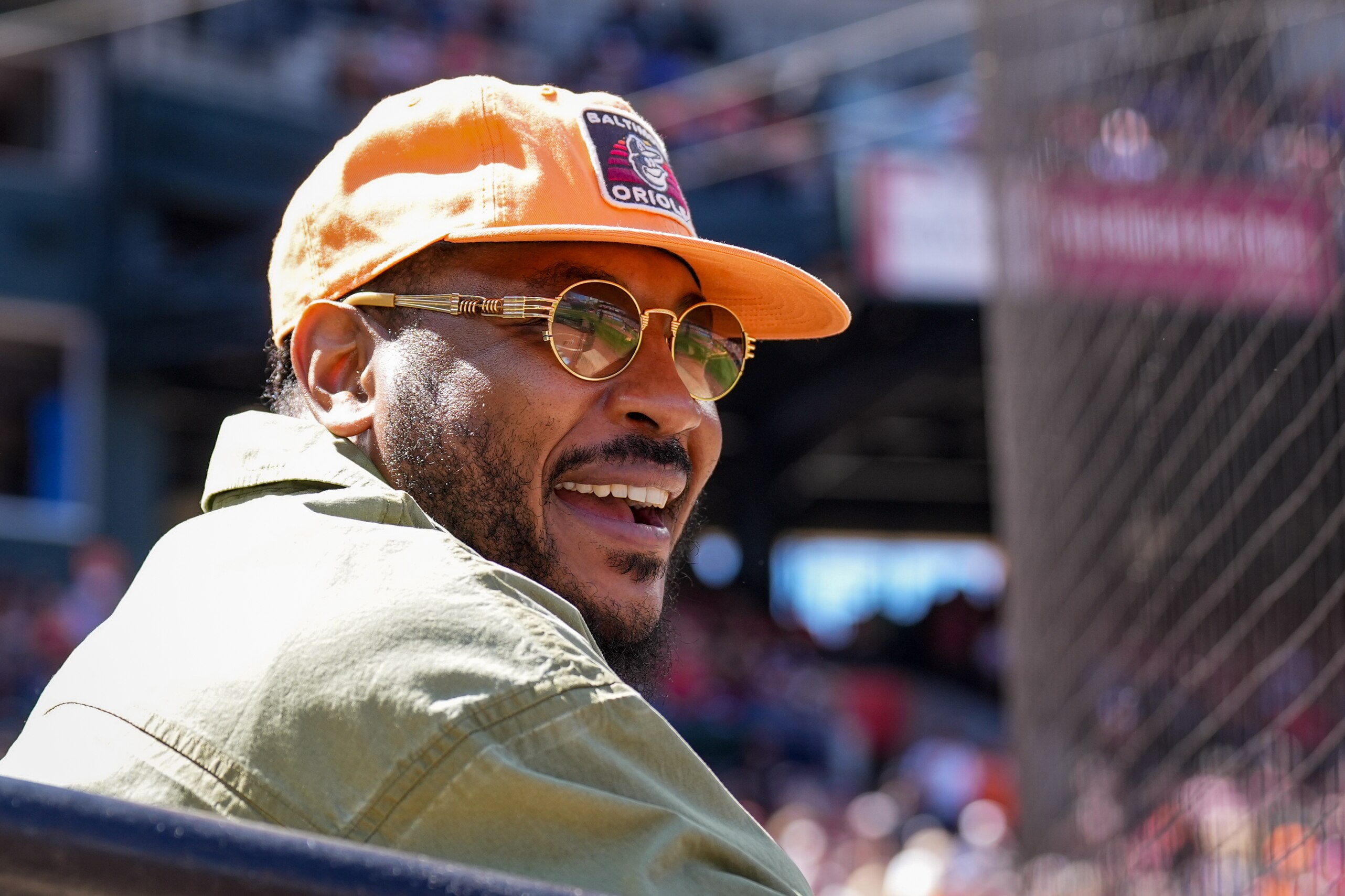 NBA All-Star and Baltimore Orioles fan Carmelo Anthony watches a game between them and the Tampa Bay Rays at Camden Yards in Baltimore on Sept. 8, 2024.