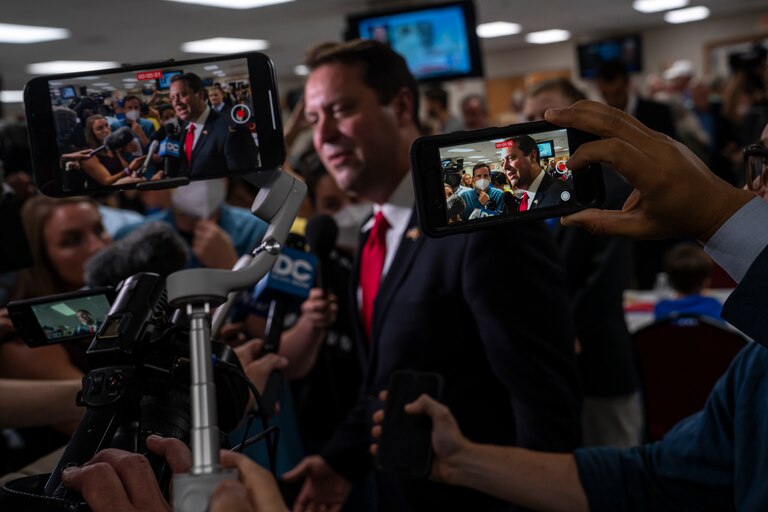 Dan Cox, a candidate for the Republican gubernatorial nomination, speaks with reporters during a primary election night event on July 19, 2022 in Emmitsburg, Maryland. Voters will choose candidates during the primary for governor and seats in the House of Representatives in the upcoming November election.