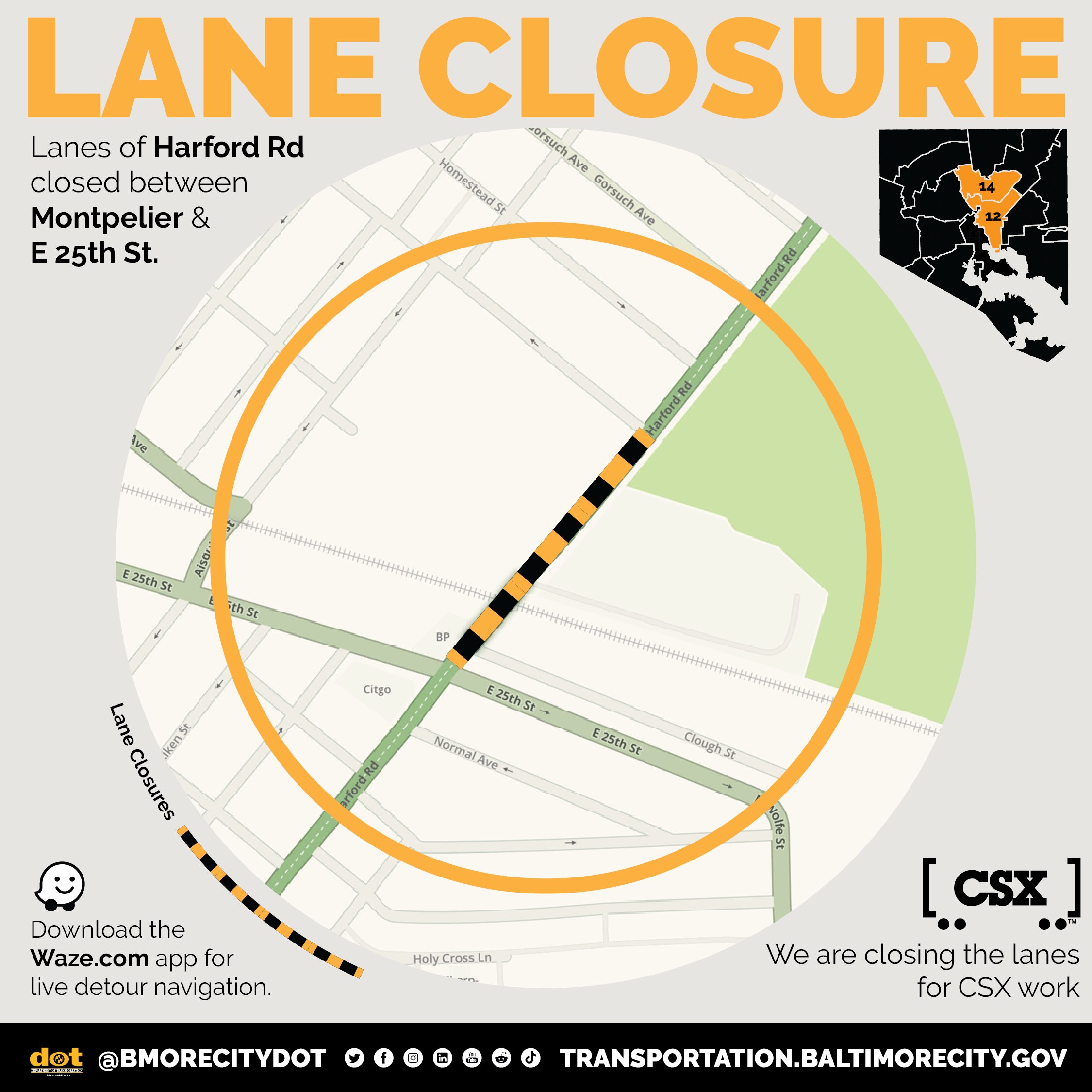 The Baltimore City Department of Transportation said long-term lane closures will be implemented along a portion of Harford Road for CSX to reconstruct the Harford Road Bridge.