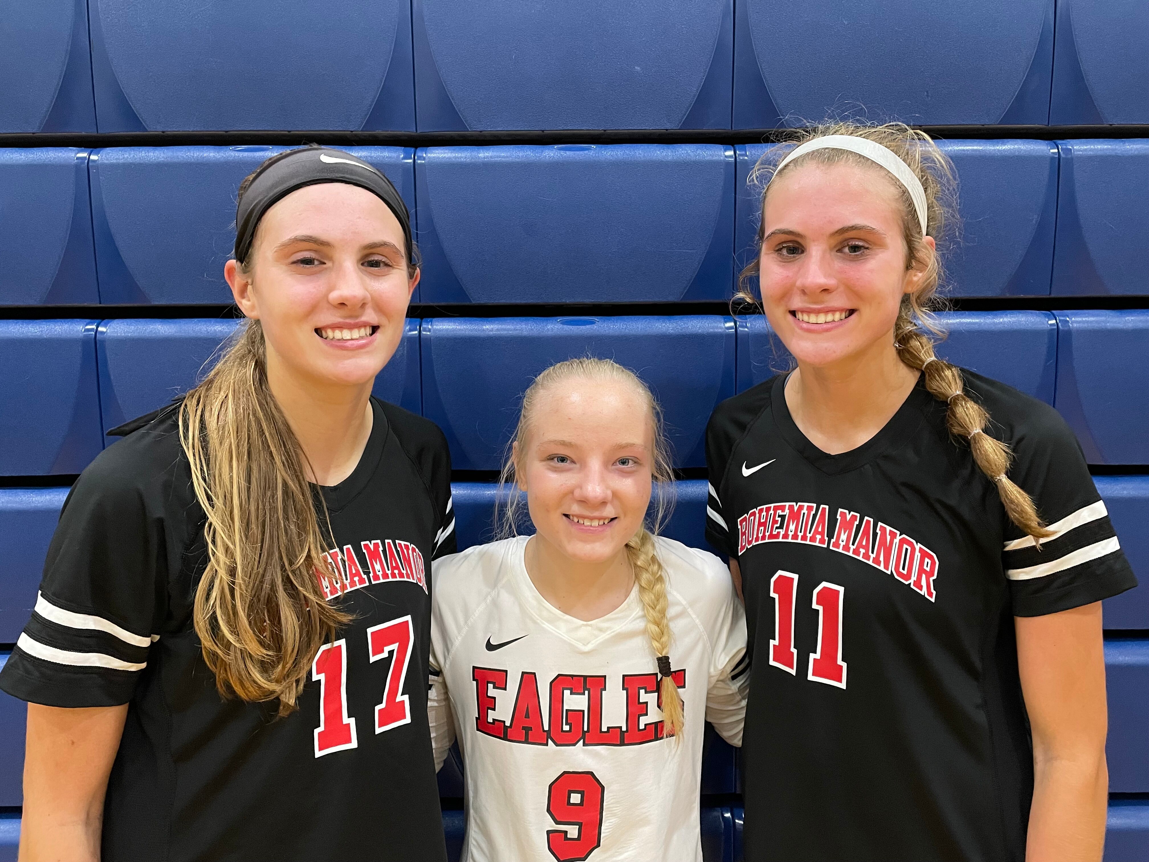 Twin middle blockers Raegan Lenz (17) and Rylee Lenz (11) combined for 23 kills and seven blocks while libero Julia Holmes had a superb passing game and 18 digs Thursday night to lead Bohemia Manor’s No. 15 volleyball team to a 3-2 upset of No. 7 Bel Air, a victory that snapped the Bobcats’ 31-game UCBAC win streak.