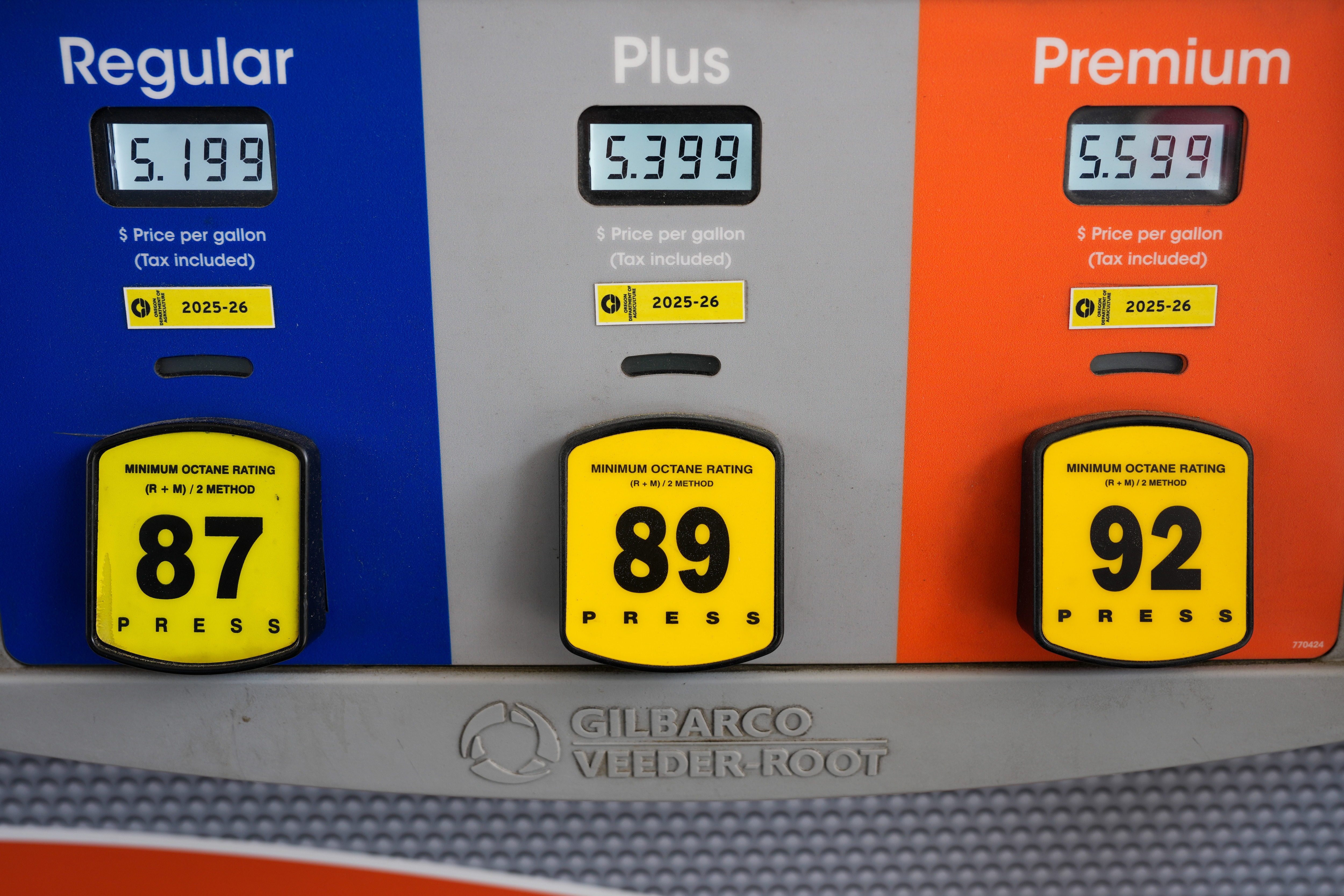 Prices are displayed at a gas station in Portland, Oregon.