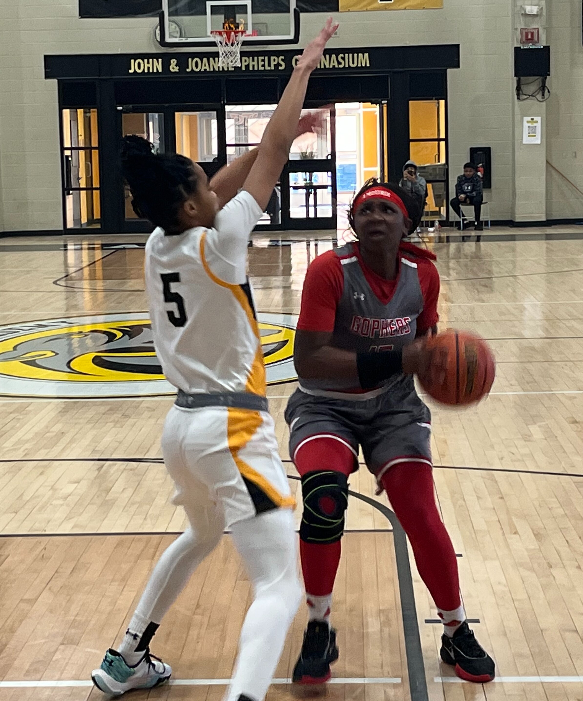 Glen Burnie's Amourie Porter (right) is defended by St. Frances' Kimmya Hicks during Saturday's girls basketball non-league contest. Porter finished with a game-high 23 points, but No. 3 St. Frances was able to withstand the seventh-ranked Gophers fourth quarter push for a 59-53 victory in East Baltimore.