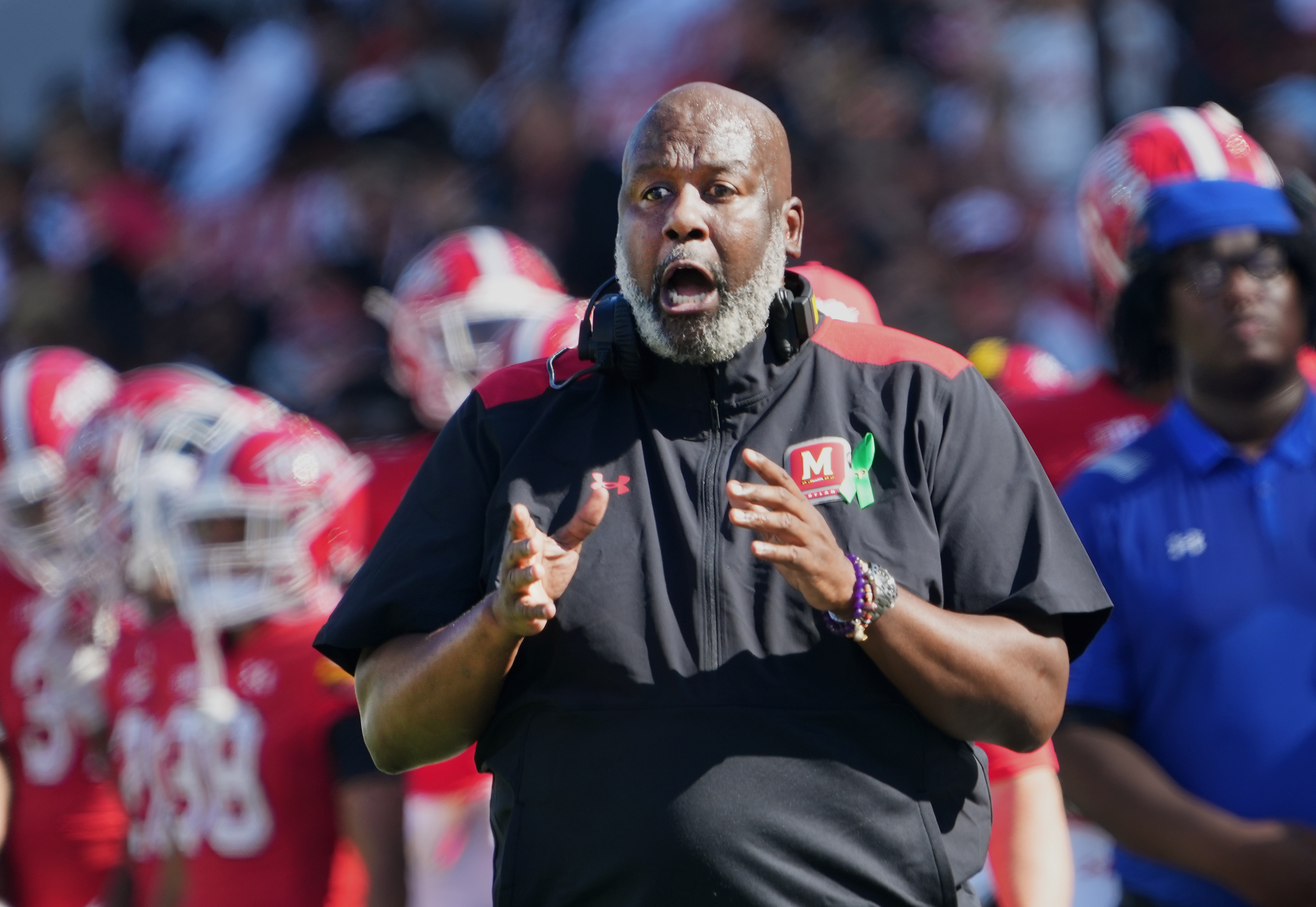University of Maryland Head Coach Mike Locksley argues with a referee during a 38-6 Victory over Towson University..