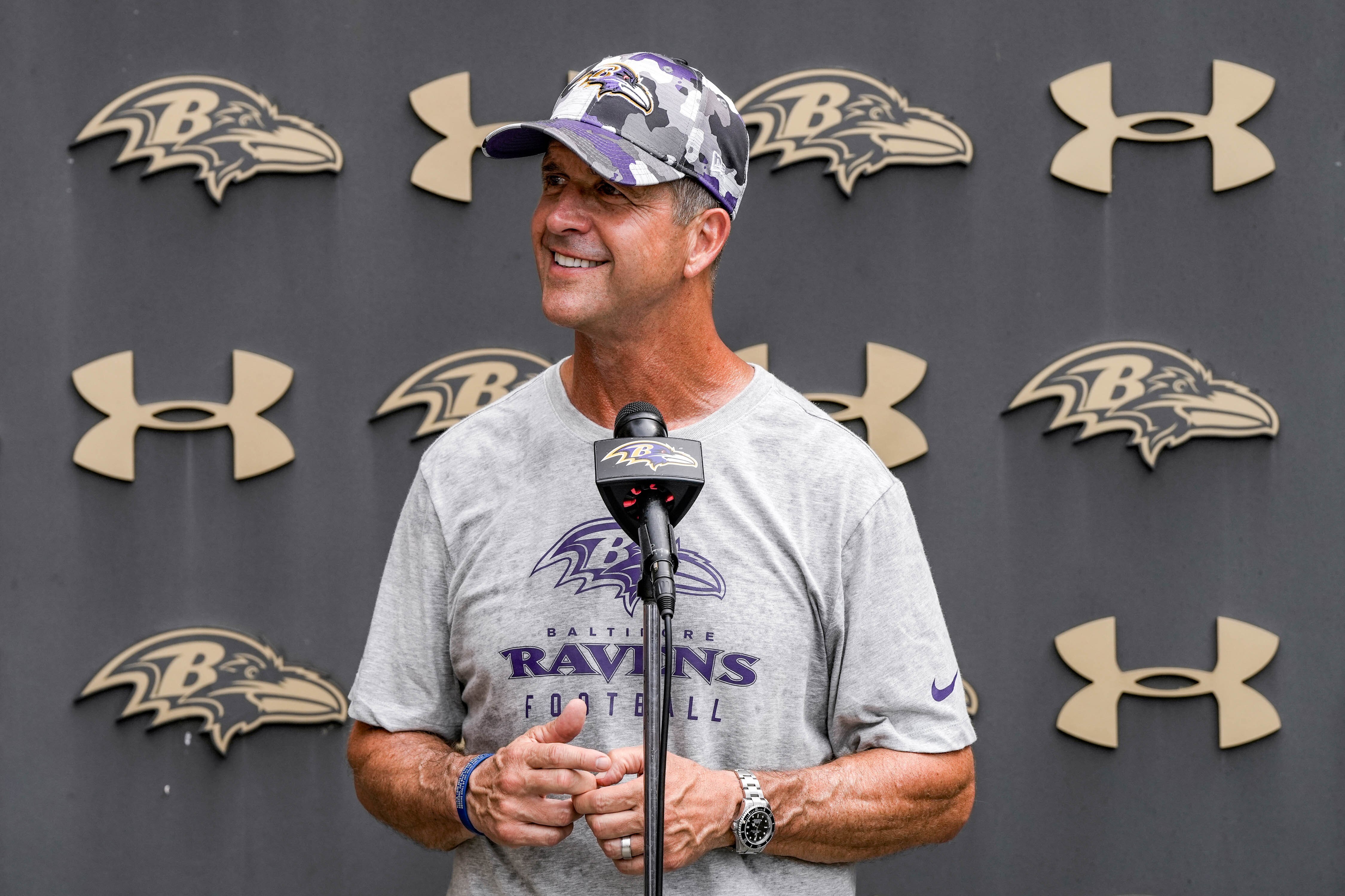 Ravens head coach John Harbaugh speaks at a press conference after the Ravens practice in Owings Mills on July 27, 2023.