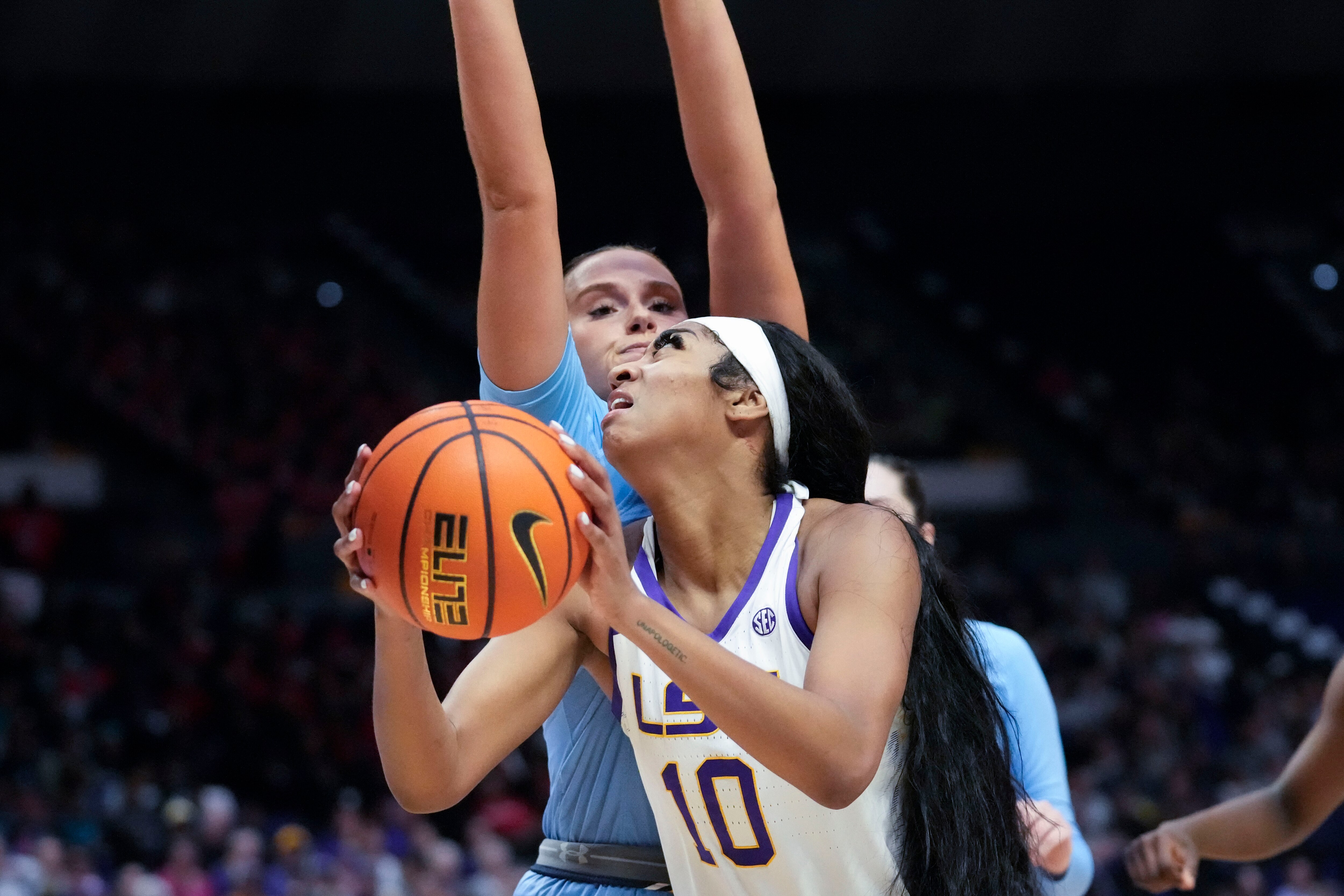 LSU forward Angel Reese (10) drives to the basket in the first half an NCAA college basketball game against Kent State in Baton Rouge, Louisiana, Tuesday, Nov. 14, 2023.