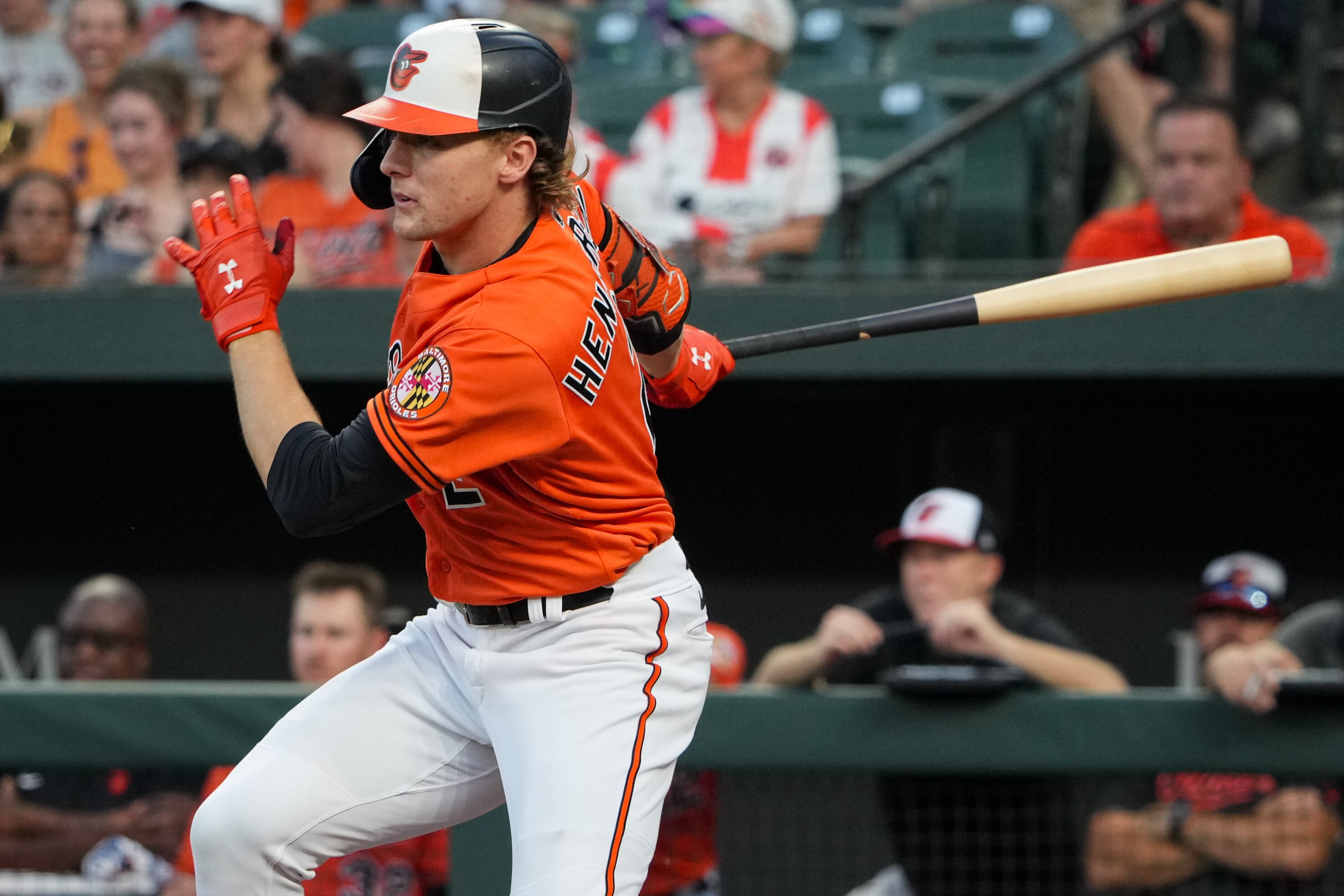 Baltimore Orioles third baseman Gunnar Henderson (2) swings at a pitch during the first inning of a baseball game against the Colorado Rockies at Camden Yards on Saturday, August 26.