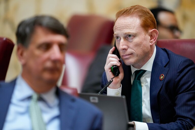 Sen. Jeff Waldstreicher, a Montgomery County Democrat, takes a phone call during floor debate on crossover day at the Maryland State House in Annapolis, Md. on Monday, March 17, 2025. Any bill not passed by either the House or Senate by midnight on crossover day is likely defeated for the 2025 session.