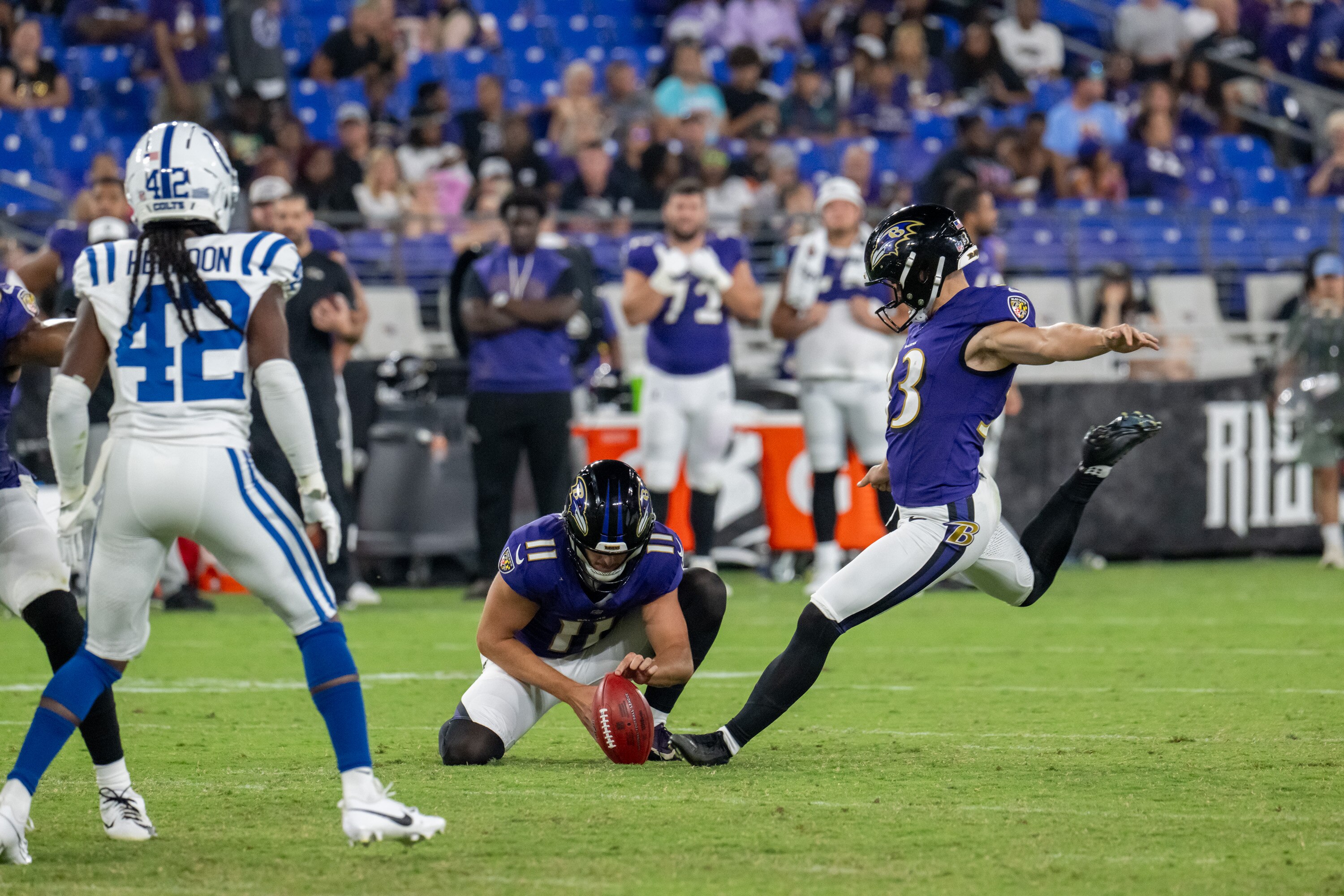 Ravens rookie Tyler Loop kicks a 52-yard field goal in the fourth quarter of Thursday night’s 24-16 win over the Indianapolis Colts.