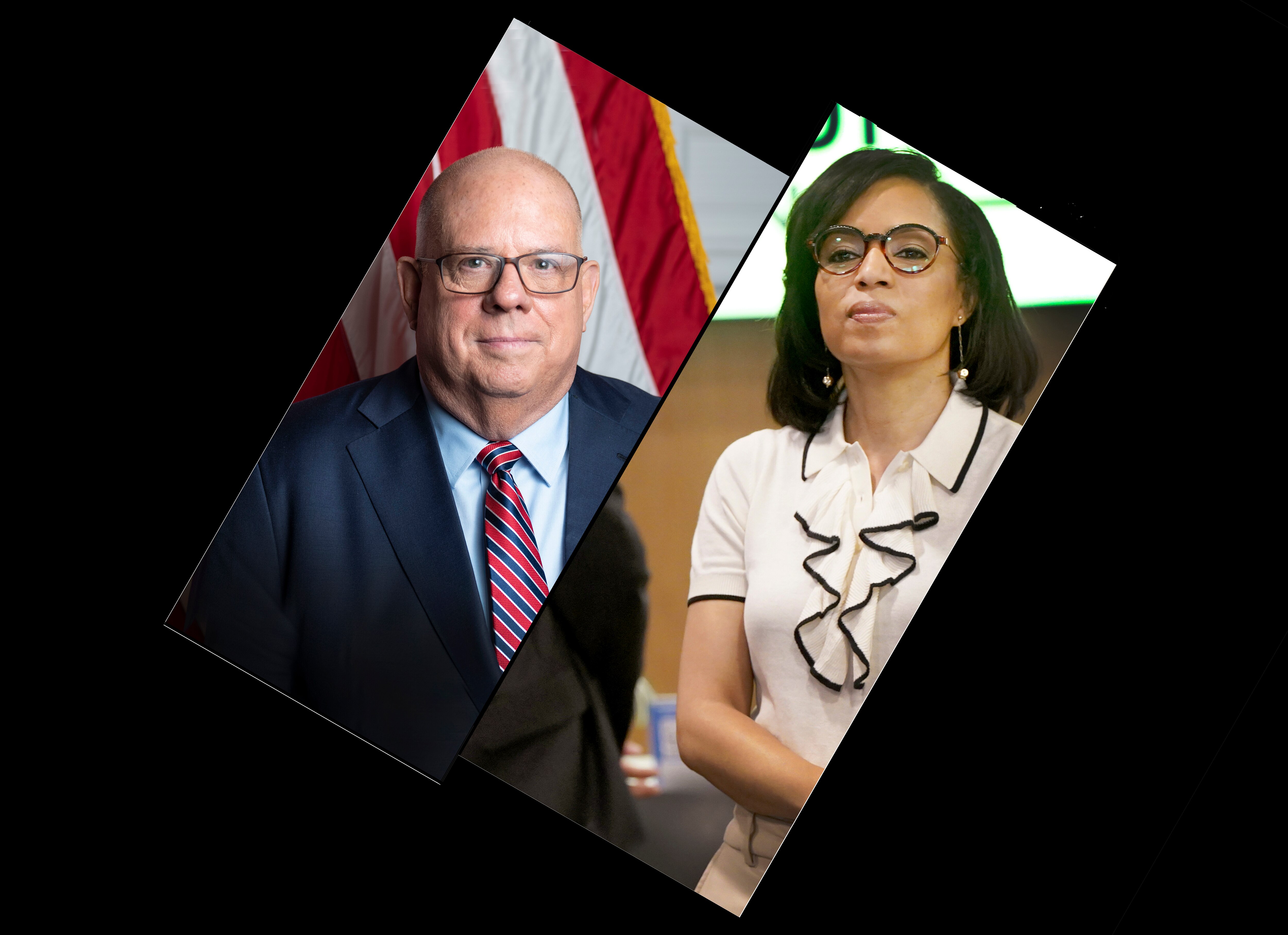 The word “Republican” doesn’t appear on most of Larry Hogan’s mail pieces, but Angela Alsobrooks is making sure voters know his party affiliation.