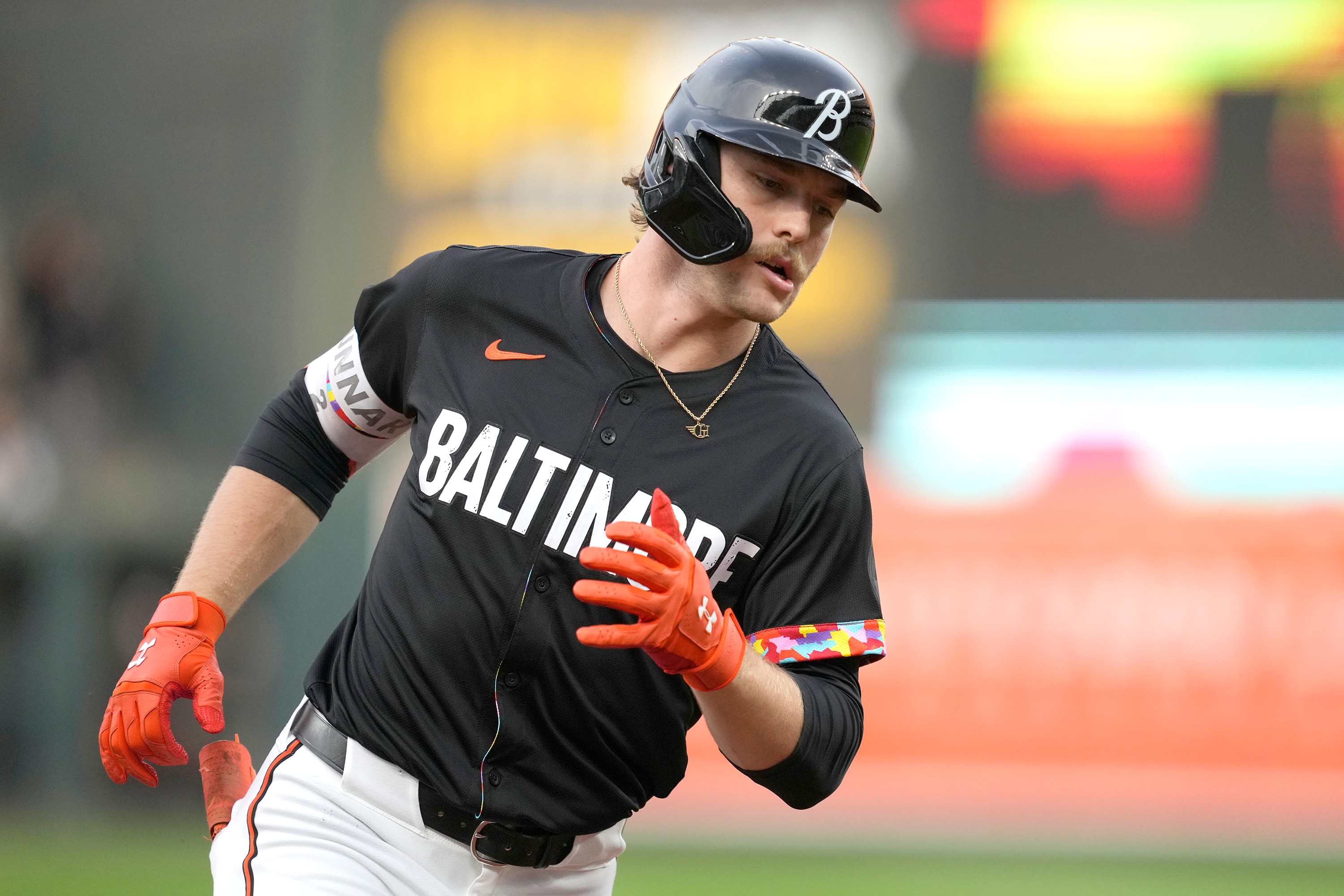 Gunnar Henderson rounds the bases after hitting a leadoff home run, his 13th homer of the season, in the first inning Friday night as the Orioles beat the Seattle Mariners at Camden Yards.