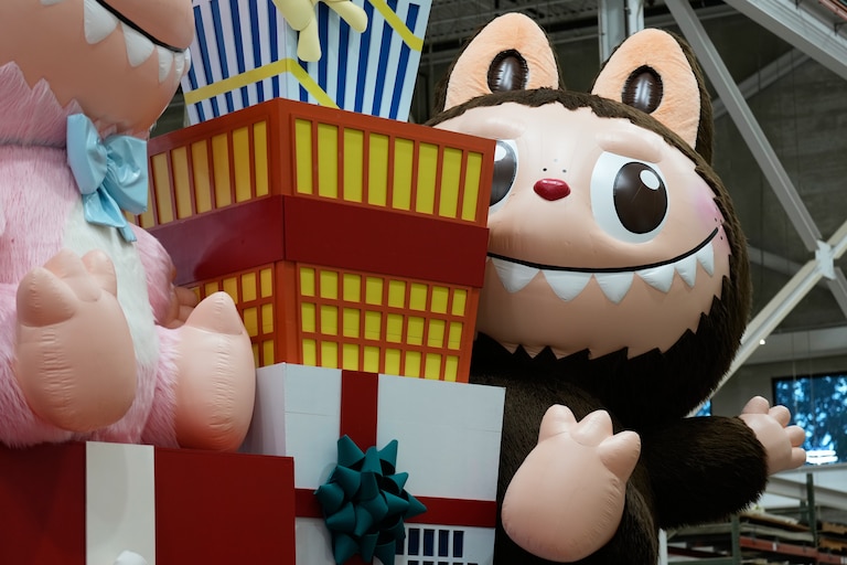 A new Thanksgiving Day float featuring Pop Mart's Labubu is displayed during a press preview of the new floats at Macy's Parade Studio in Moonachie, N.J., Tuesday, Nov. 18, 2025. (AP Photo/Seth Wenig)