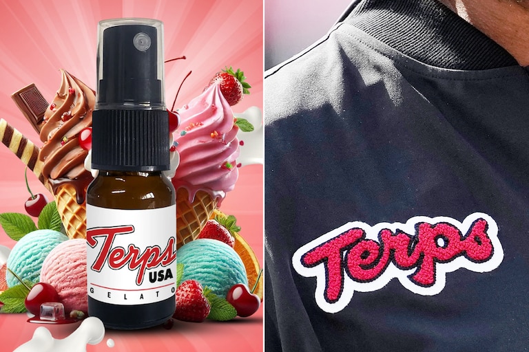 The logos for terpene spray brand Terps USA (left) and University of Maryland, College Park.