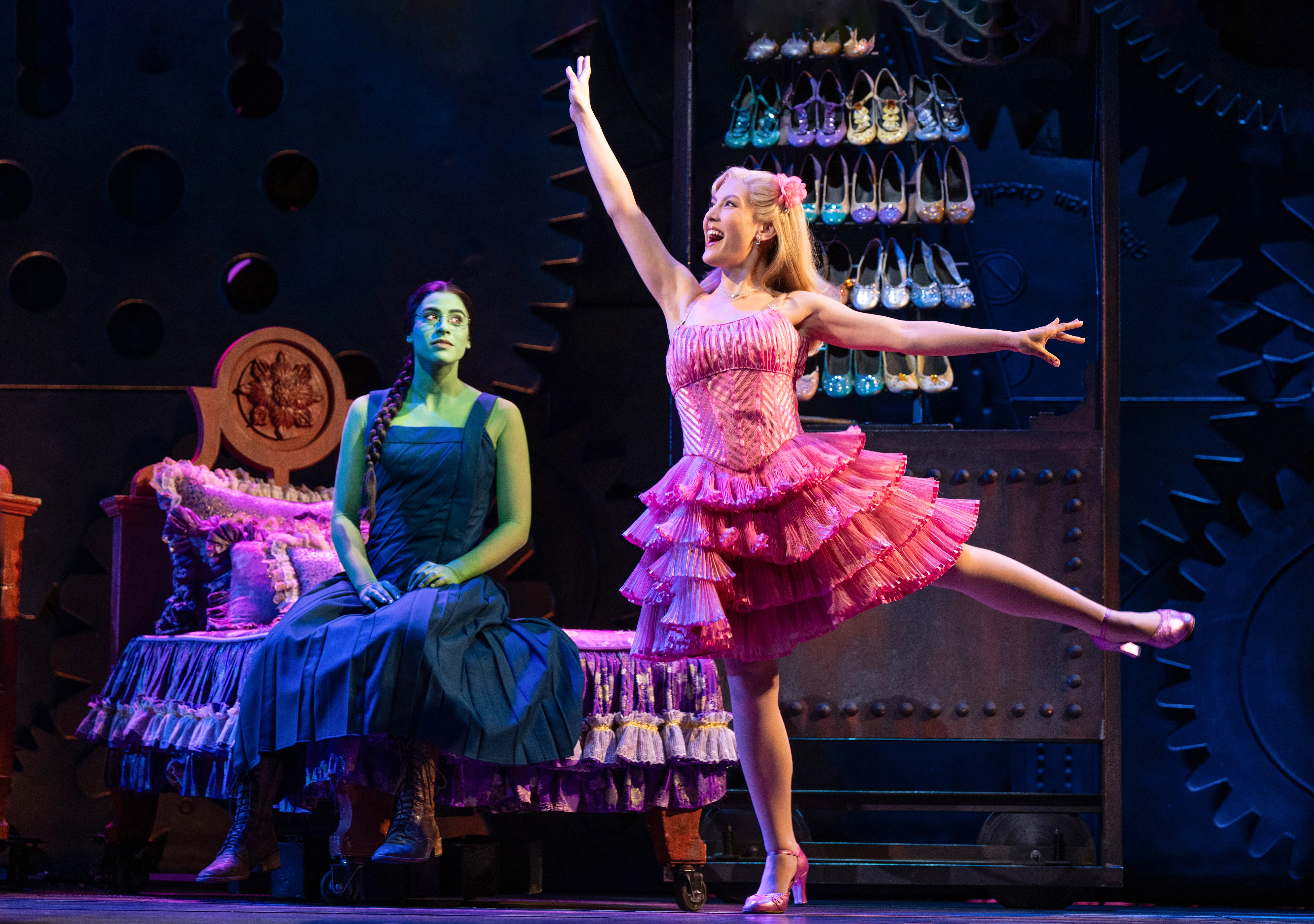 Jessie Davidson (left, as Elphaba) and Zoe Jensen (Glinda) star in the national tour of “Wicked,” which runs at the Hippodrome Theatre through Jan. 11.
