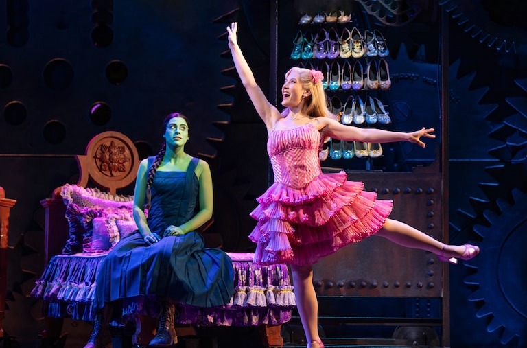 Jessie Davidson (left, as Elphaba) and Zoe Jensen (Glinda) star in the national tour of “Wicked,” which runs at the Hippodrome Theatre through Jan. 11.
