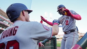 Jacob Young, left, and Luis García Jr. of the Washington Nationals celebrate after García Jr. hit a home run during the second inning.