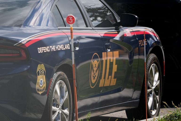 An Immigration and Customs Enforcement vehicle is parked outside the U.S. Immigration and Customs Enforcement (ICE) building Wednesday, Sept. 24, 2025, in Broadview, Ill. (AP Photo/Erin Hooley)