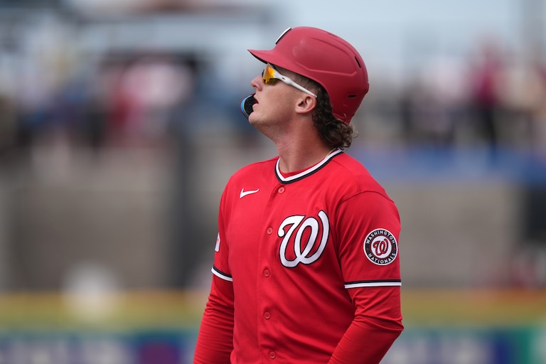 Washington Nationals' Robert Hassell III plays during a spring training baseball game, Thursday, Feb. 26, 2026, in Clearwater. (AP Photo/Matt Slocum)