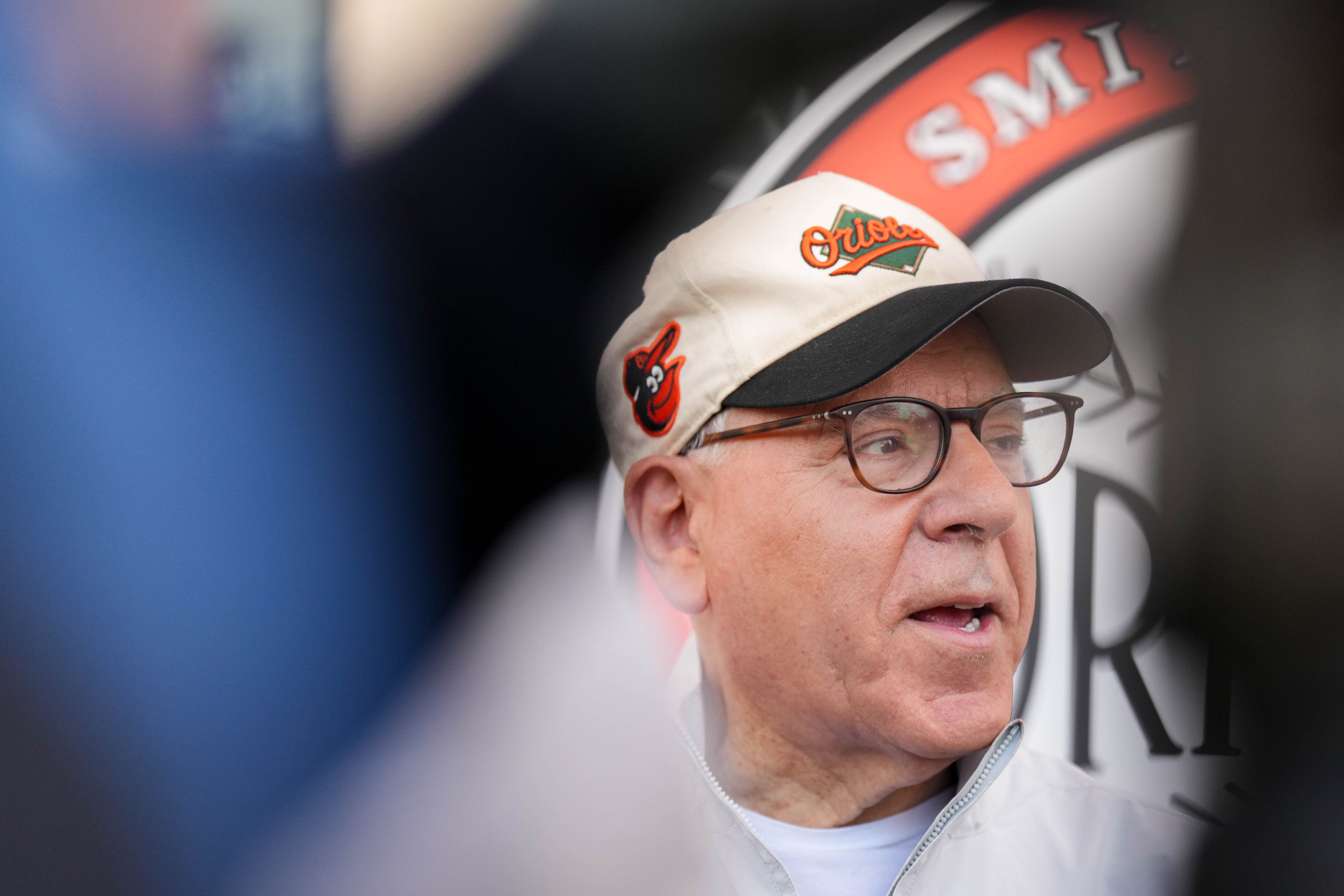 Baltimore Orioles owner David Rubenstein takes questions from reporters during Spring Training in Sarasota, Florida.