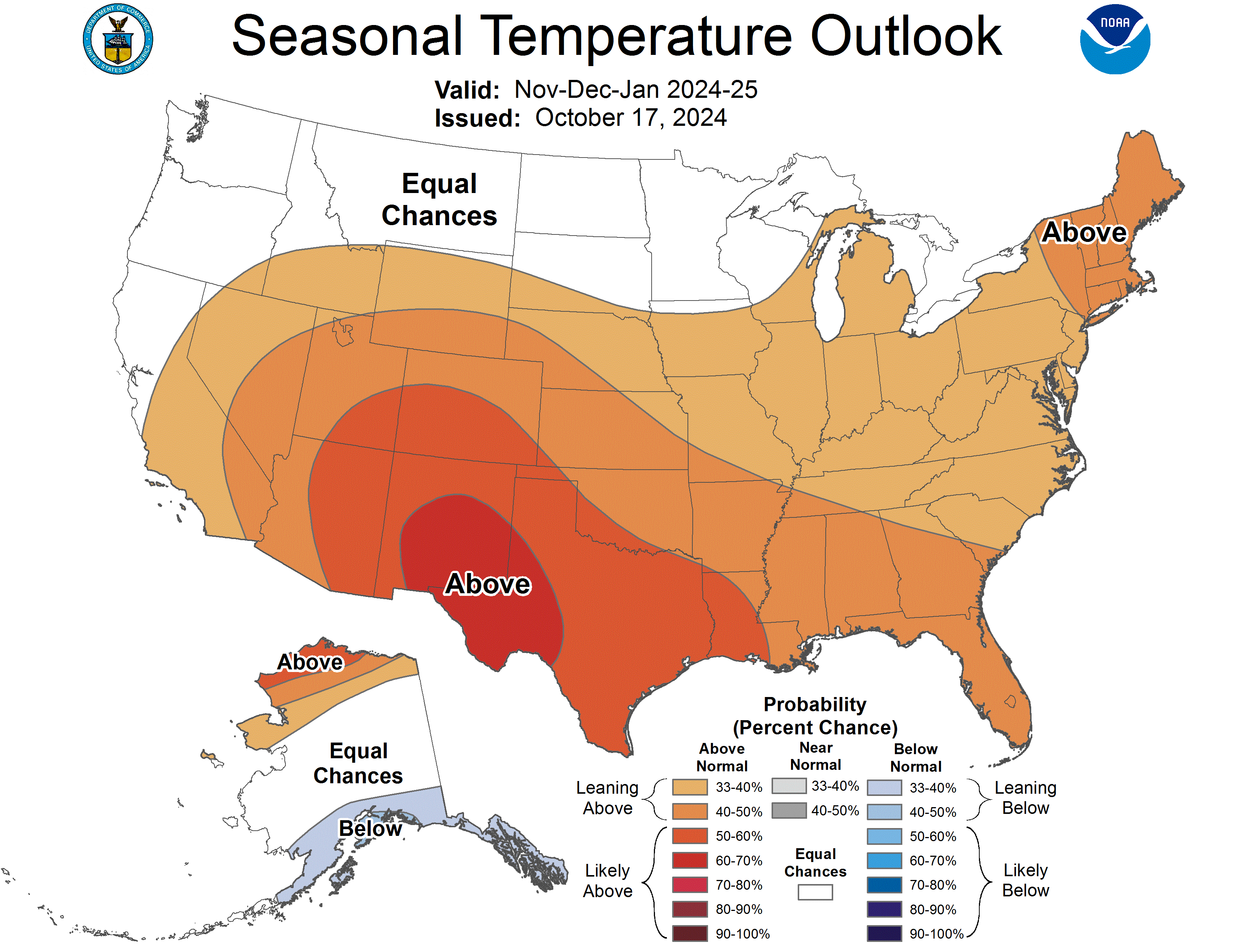 A map from the National Weather Service Climate Prediction Center showing a winter forecast with large swaths of the country possibly seeing warmer than normal temperatures.
