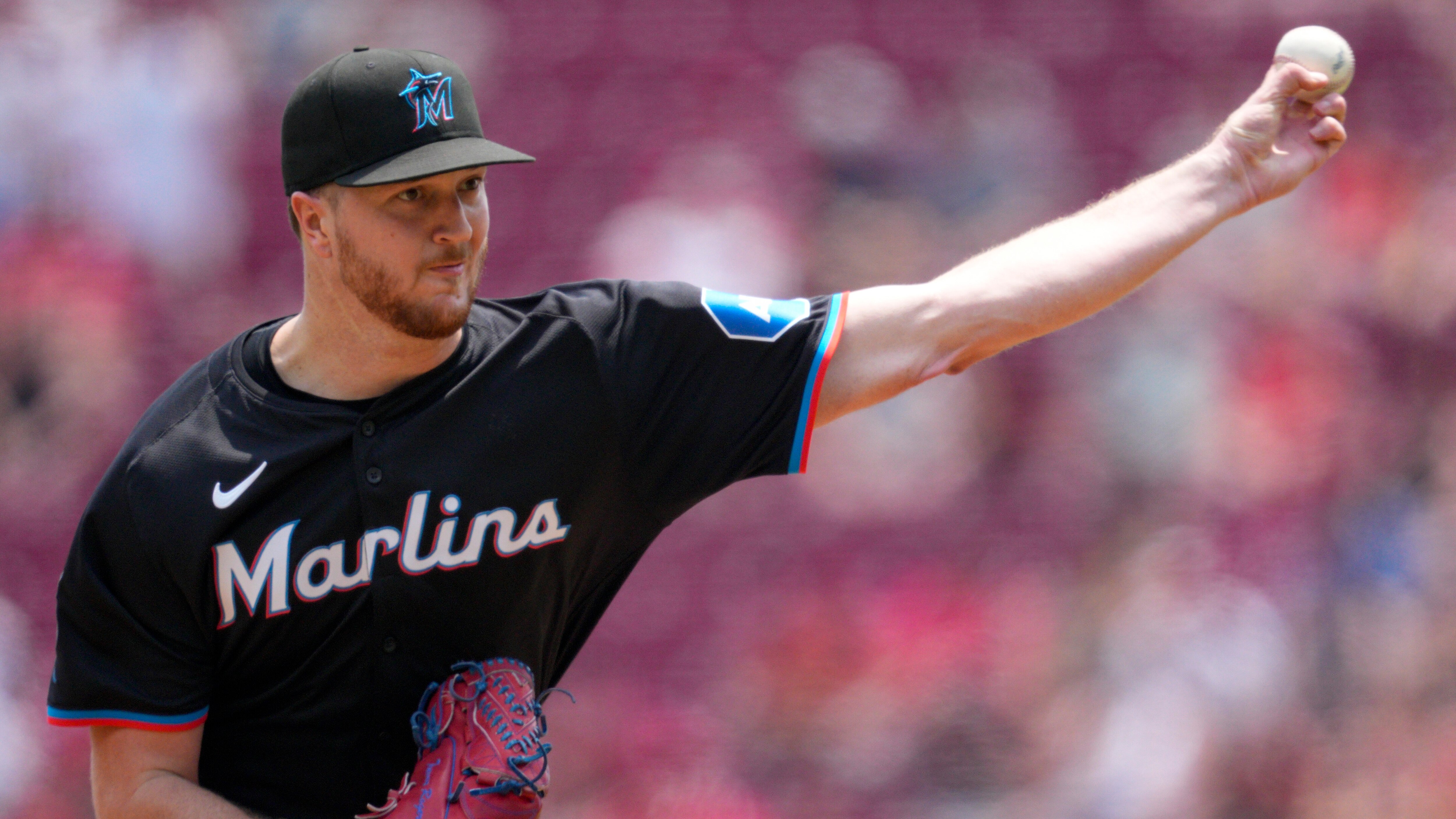 Miami Marlins pitcher Trevor Rogers throws during a baseball game against the Cincinnati Reds, Sunday, July 14, 2024, in Cincinnati. (AP Photo/Jeff Dean)