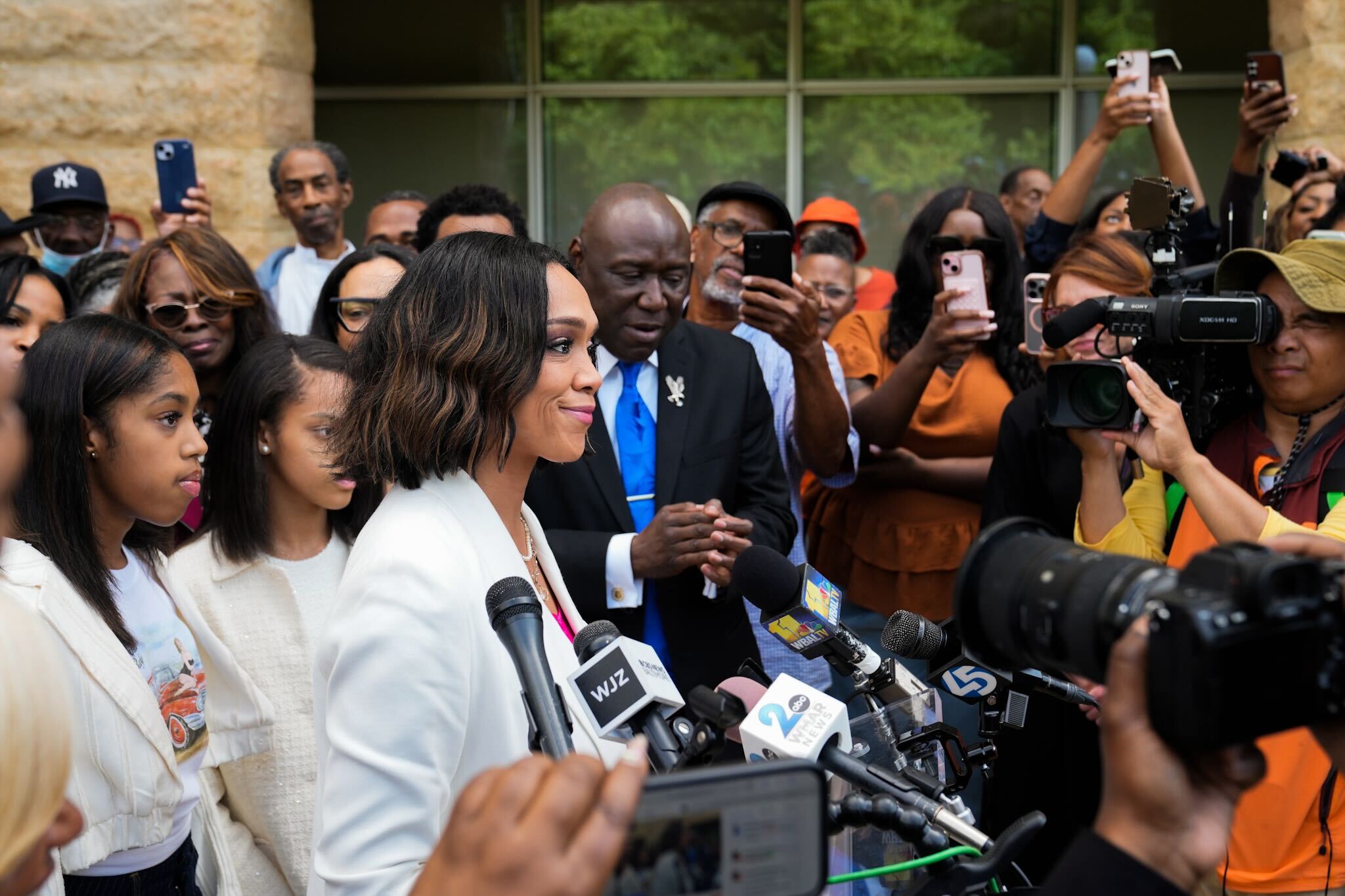 Former Baltimore State's Attorney Marilyn Mosby thanks supporters outside of the federal courthouse in Greenbelt. Mosby was sentenced earlier on May 23, 2024, to three years of probation, including a year of house arrest, for fraud and perjury.
