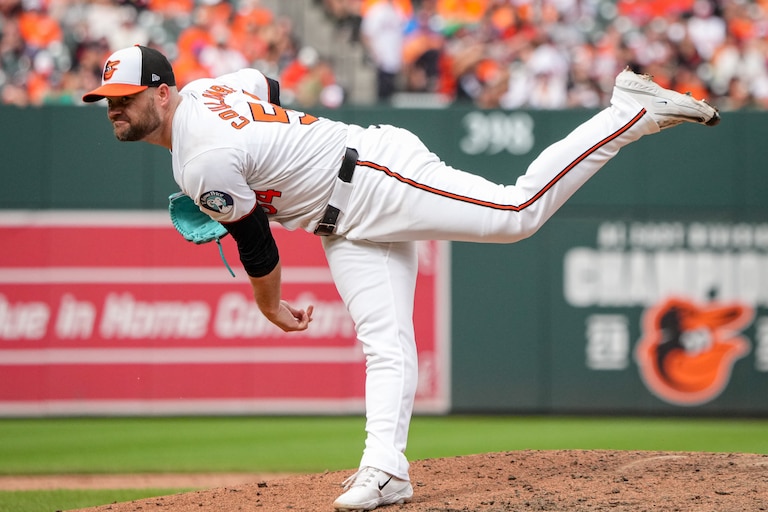 Baltimore Orioles pitcher Danny Coulombe (54) delivers a pitch in the third game of a series against the Detroit Tigers at Camden Yards in Baltimore on Sunday, September 22, 2024.