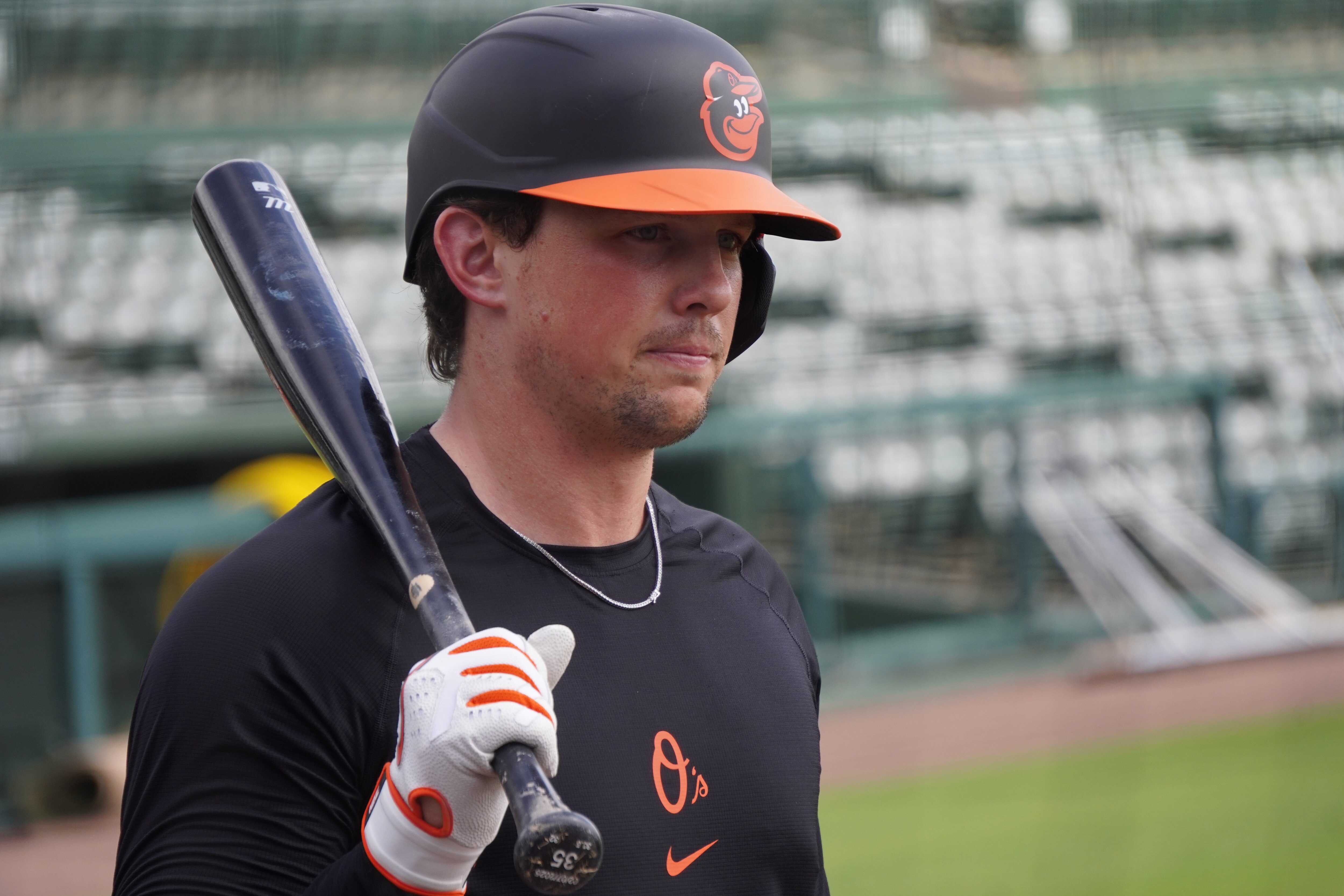 Orioles catcher Adley Rutschman stands in the on-deck circle before taking live batting practice at Ed Smith Stadium (Feb. 16, 2025).