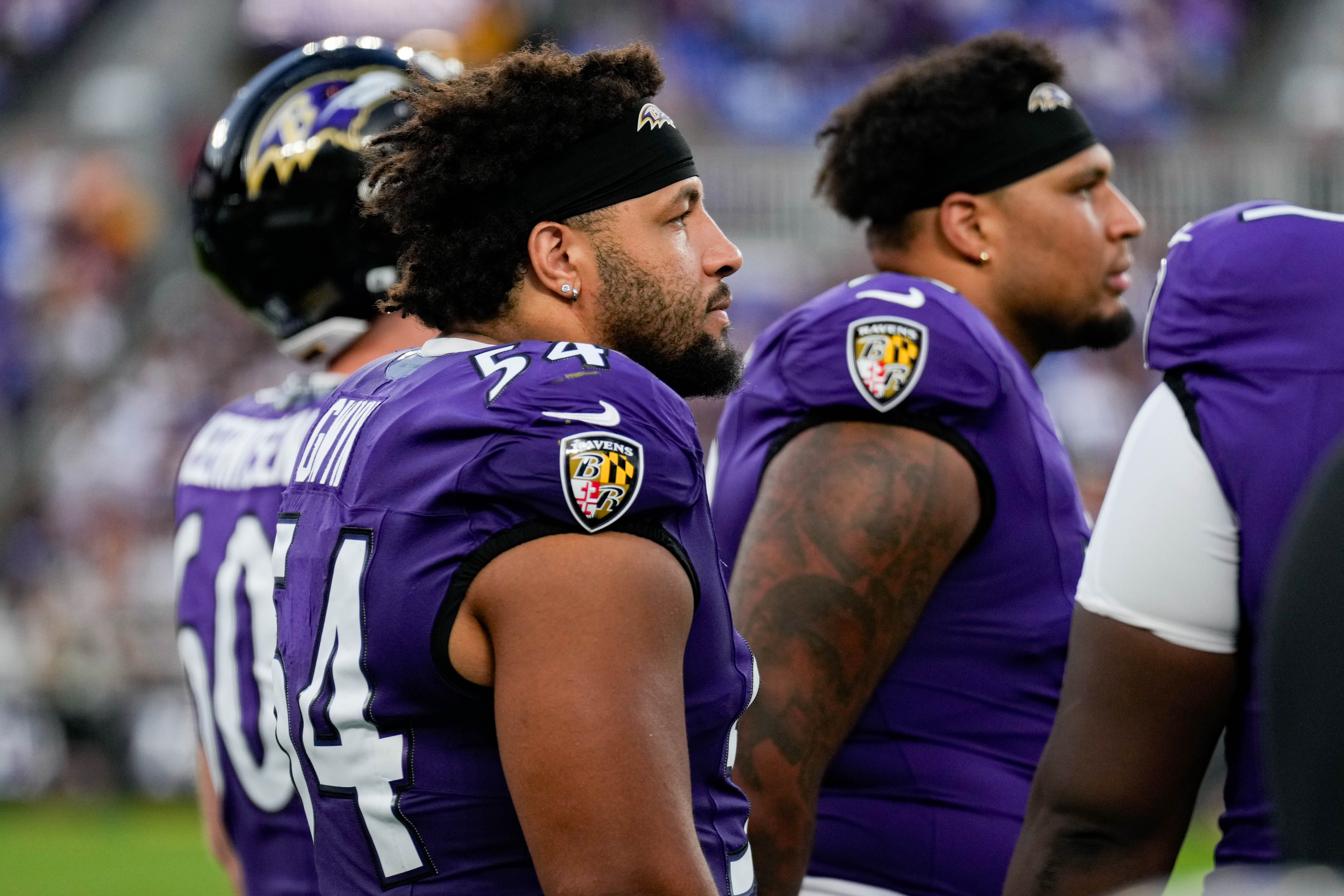 Baltimore Ravens guard Jovaughn Gwyn during a preseason football game against the Washington Commanders in Baltimore last month.