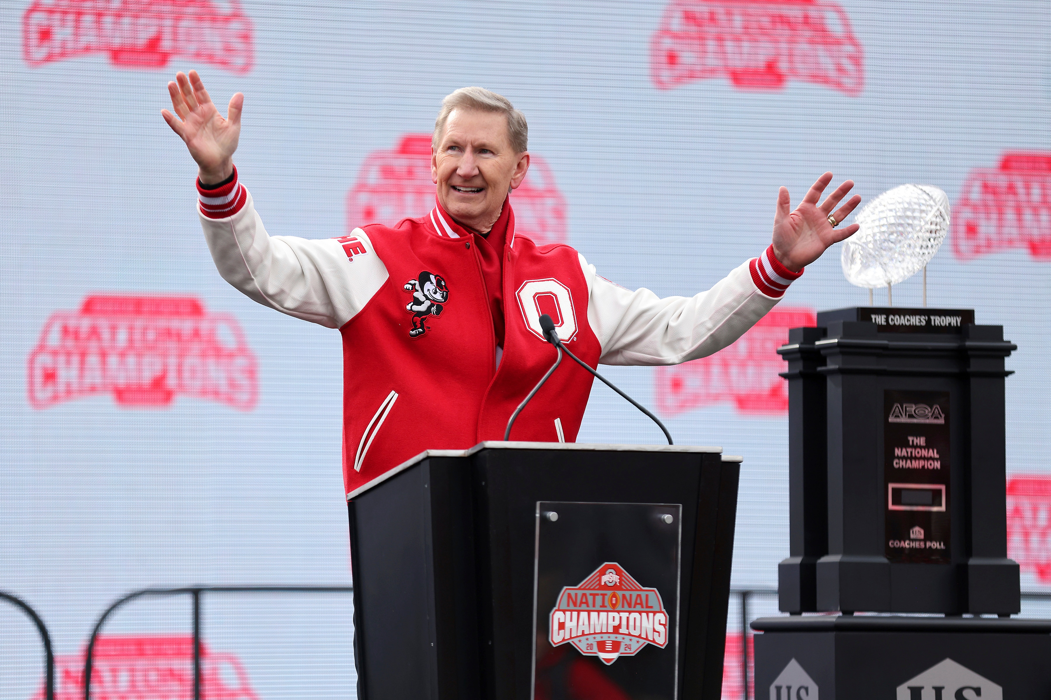 Ohio State University President Ted Carter speaks during the National Championship football celebration at Ohio Stadium in 2025.