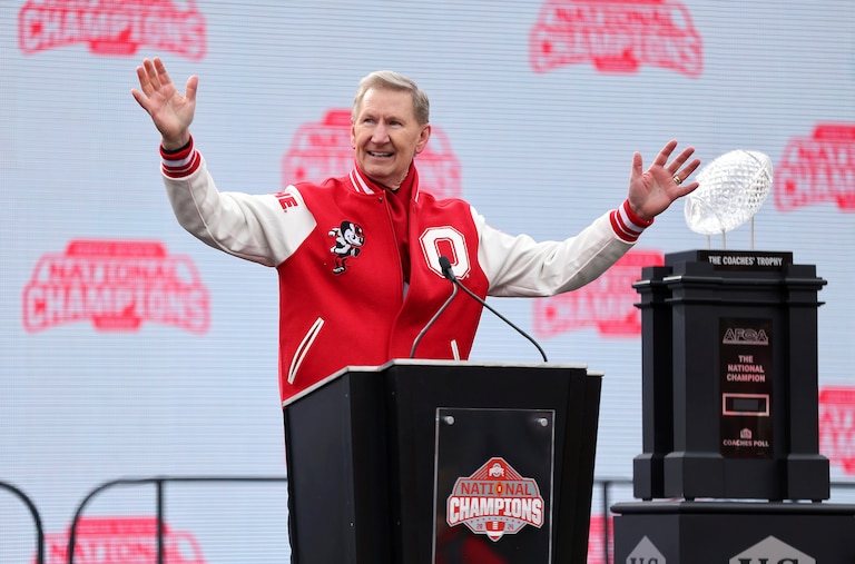 Ohio State University President Ted Carter speaks during the National Championship football celebration at Ohio Stadium in 2025.