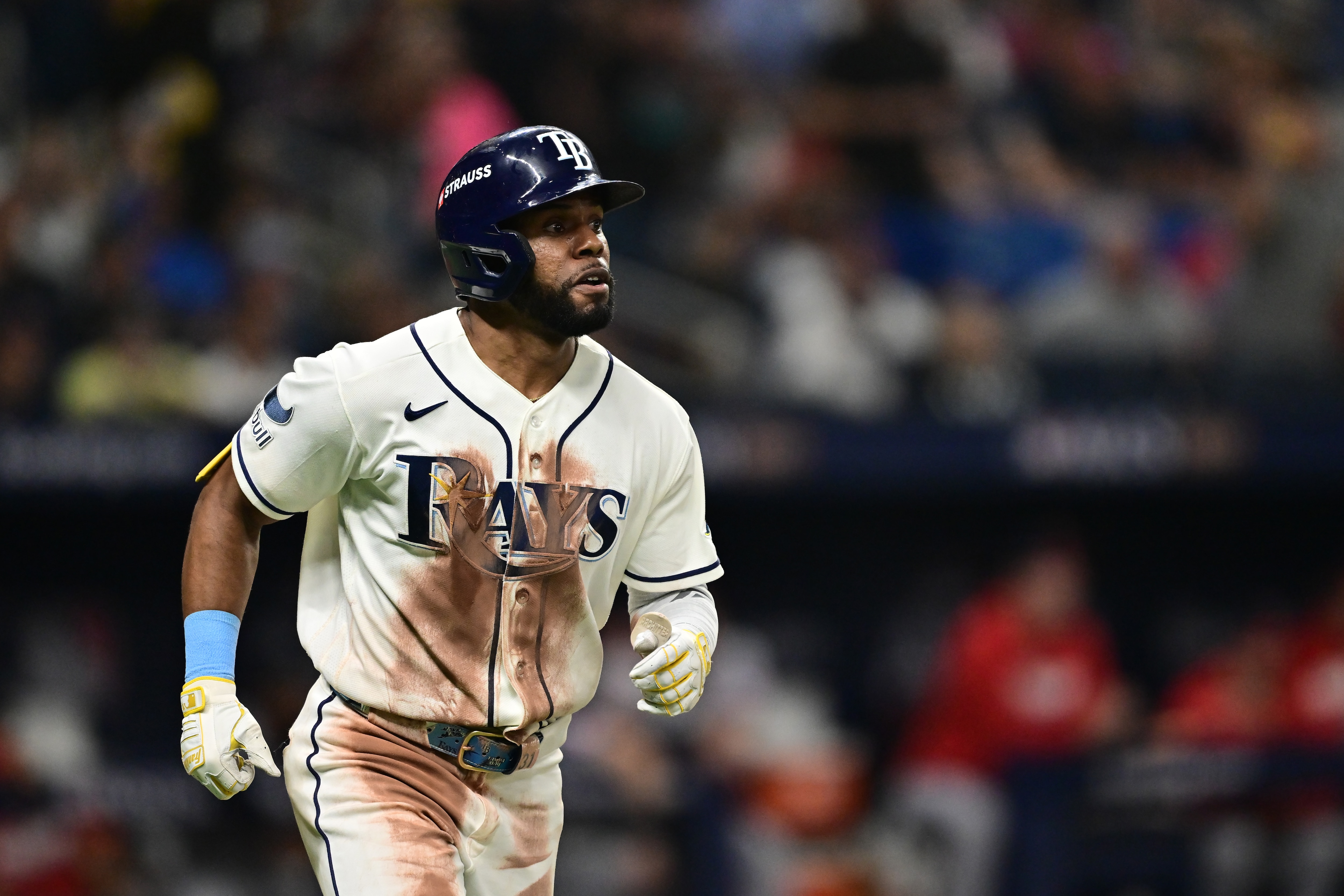 ST PETERSBURG, FLORIDA - OCTOBER 12: Cedric Mullins #31 of the Tampa Bay Rays hits a Home Run during the eighth inning against the Cleveland Guardians in game one of the American League Championship Series at Tropicana Field on October 12, 2026 in St Petersburg, Florida.  (Photo by Julio Aguilar/Getty Images)