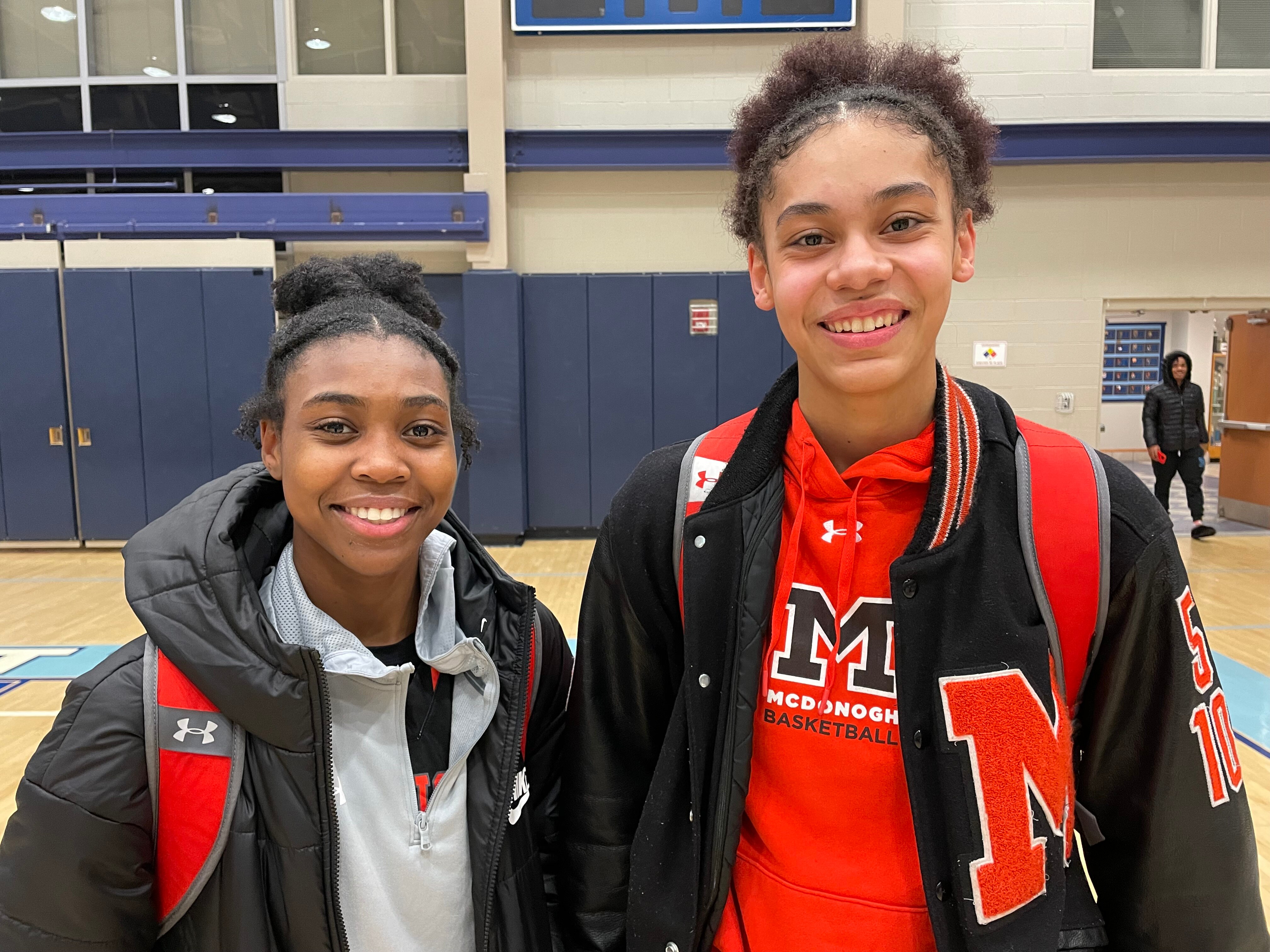 Guards Autumn Fleary (left) and Ava McKennie were stellar on defense for McDonogh girls basketball Wednesday evening against St. Vincent Pallotti in a key IAAM A Conference basketball match. The No. 3 Eagles won 61-33 in Laurel, as  Fleary, a freshman point guard, scored a game-high 24 points.