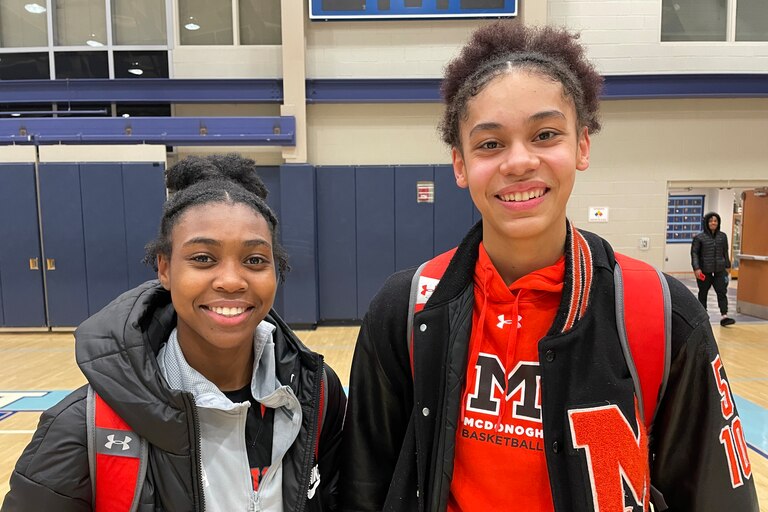 Guards Autumn Fleary (left) and Ava McKennie were stellar on defense for McDonogh girls basketball Wednesday evening against St. Vincent Pallotti in a key IAAM A Conference basketball match. The No. 3 Eagles won 61-33 in Laurel, as Fleary, a freshman point guard, scored a game-high 24 points.