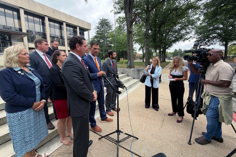 Republican lawmakers and other opponents of congressional redistricting, led by Del. Matt Morgan, center, speak to reporters outside the Supreme Court of Maryland in Annapolis on Thursday, Sept. 3, 2026.