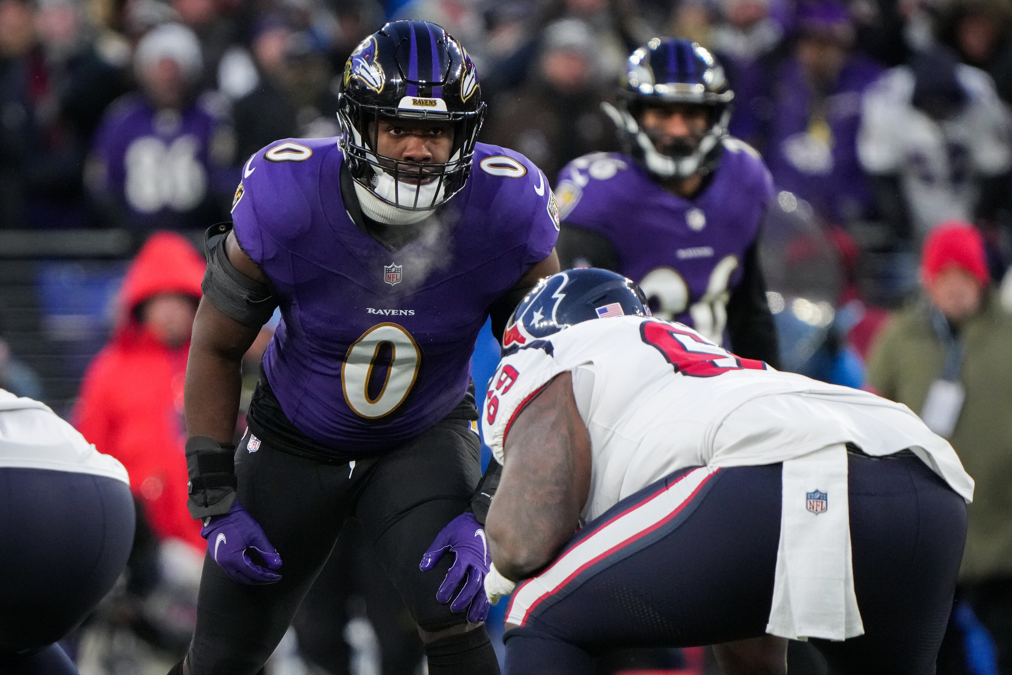 Ravens linebacker Roquan Smith eyes the Houston Texans' offense during Saturday's game.