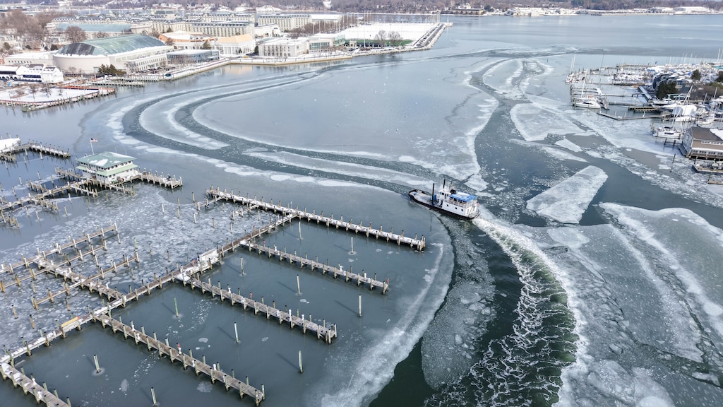 An aerial view of the icy channel opened up by the A.V. Sandusky dredger in Spa Creek in Annapolis, Md., on Tuesday, February 3, 2026.