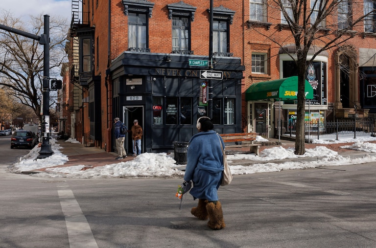 Thursday, Feb. 12, 2026, in Baltimore , MD— Customers exit Never on Sunday in Mount Vernon.