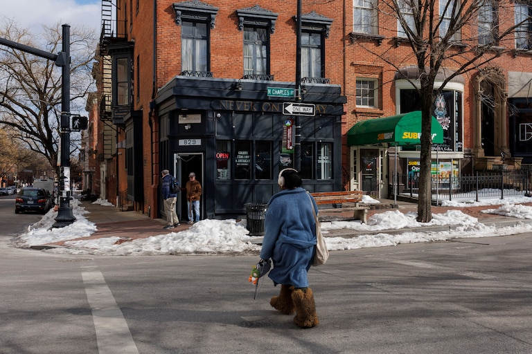 Thursday, Feb. 12, 2026, in Baltimore , MD— Customers exit Never on Sunday in Mount Vernon.