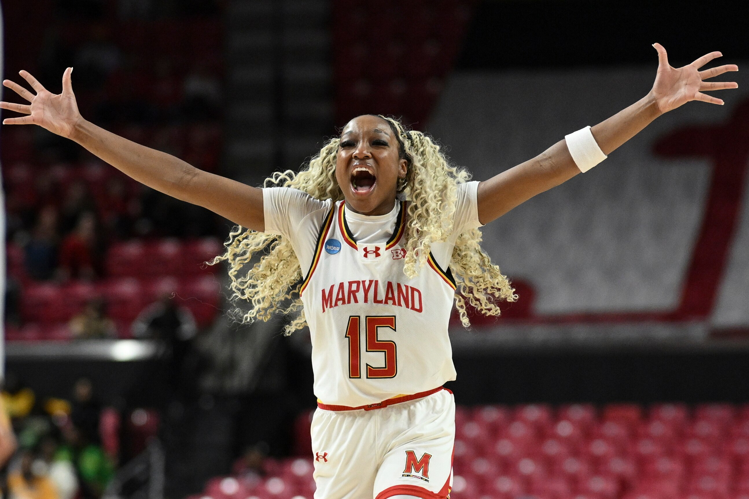 Maryland forward Christina Dalce celebrates during the team’s first-round win Saturday in the NCAA tournament.