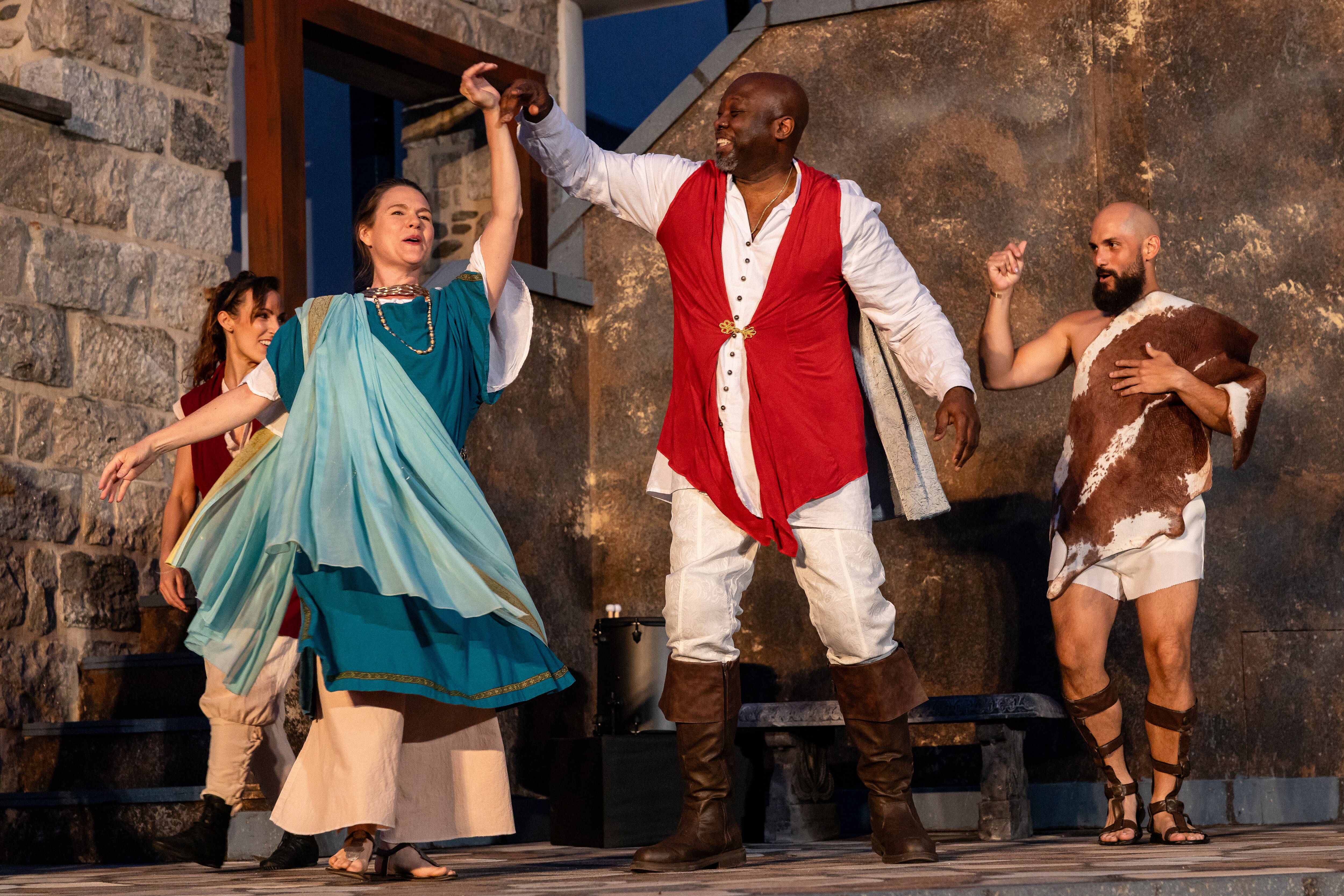 Molly Moores as Calphurnia, DeJeanette Horne as Julius Caesar, with Gabriel Alejandro as Mark Antony in the Chesapeake Shakespeare Company’s latest production of “Julius Caesar.”