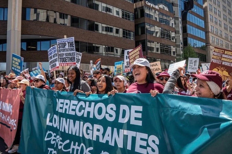 Izola Shaw marches with Montgomery County community members in Washington, D.C. on May 1, 2026.