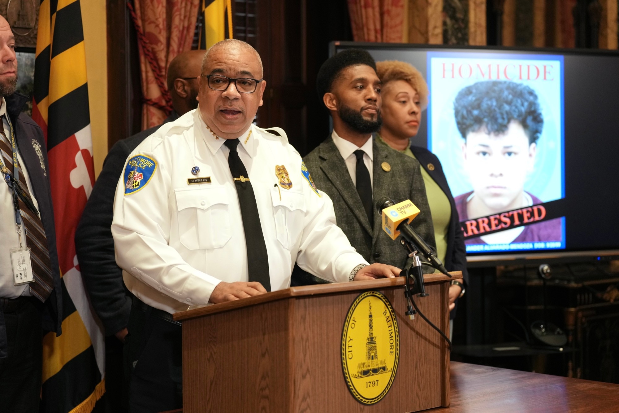 Police Commissioner Michael Harrison and Mayor Brandon M. Scott host a press conference to provide an update in reference to the homicide investigation of 16-year-old Izaiah Carter on March 20, 2023.