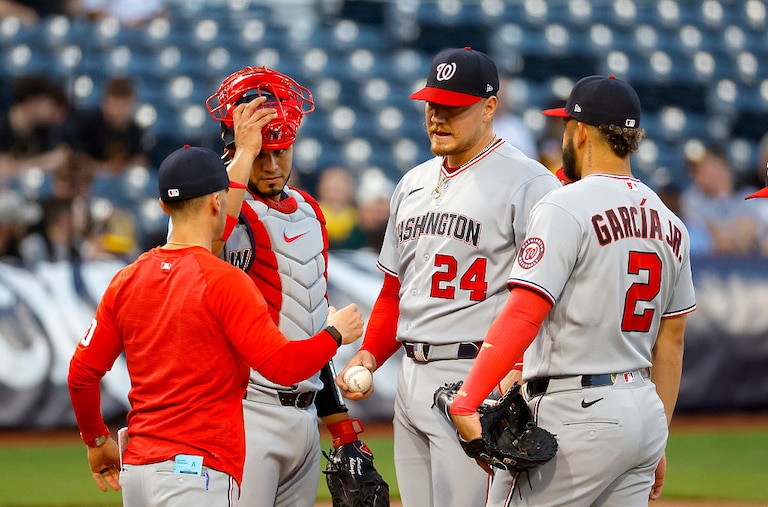 Washington Nationals starter Cade Cavalli is relieved in the second inning after giving up four runs on three hits.