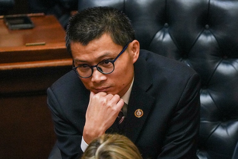 Del. Chao Wu, a democrat representing Howard and Montgomery counties, sits in the House of Delegates chamber during a floor session in the Maryland State House on January 31, 2024.