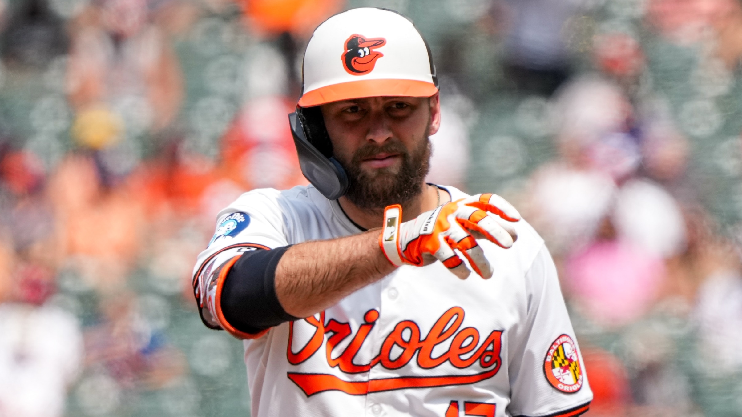 Baltimore Orioles outfielder Colton Cowser (17) ‘turns on the water’ after singling during a game against the Toronto Blue Jays at Camden Yards on July 31, 2024.