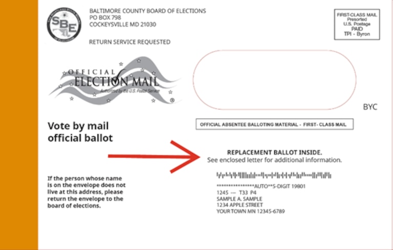 The envelope voters will see in their mailbox containing their replacement ballot.