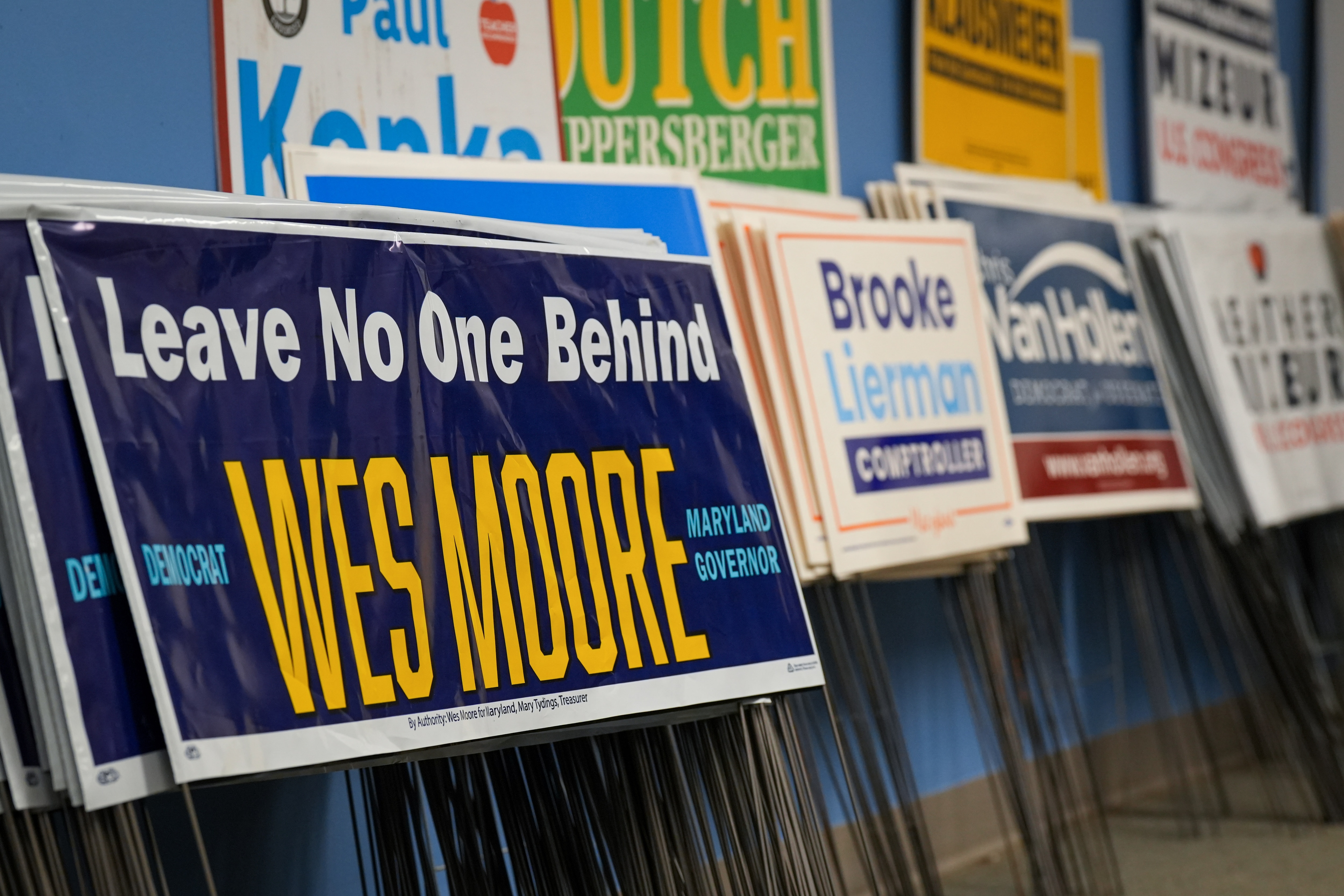 Campaign signs rest against a wall inside the Baltimore County Democratic Party’s headquarters on 10/13/22.